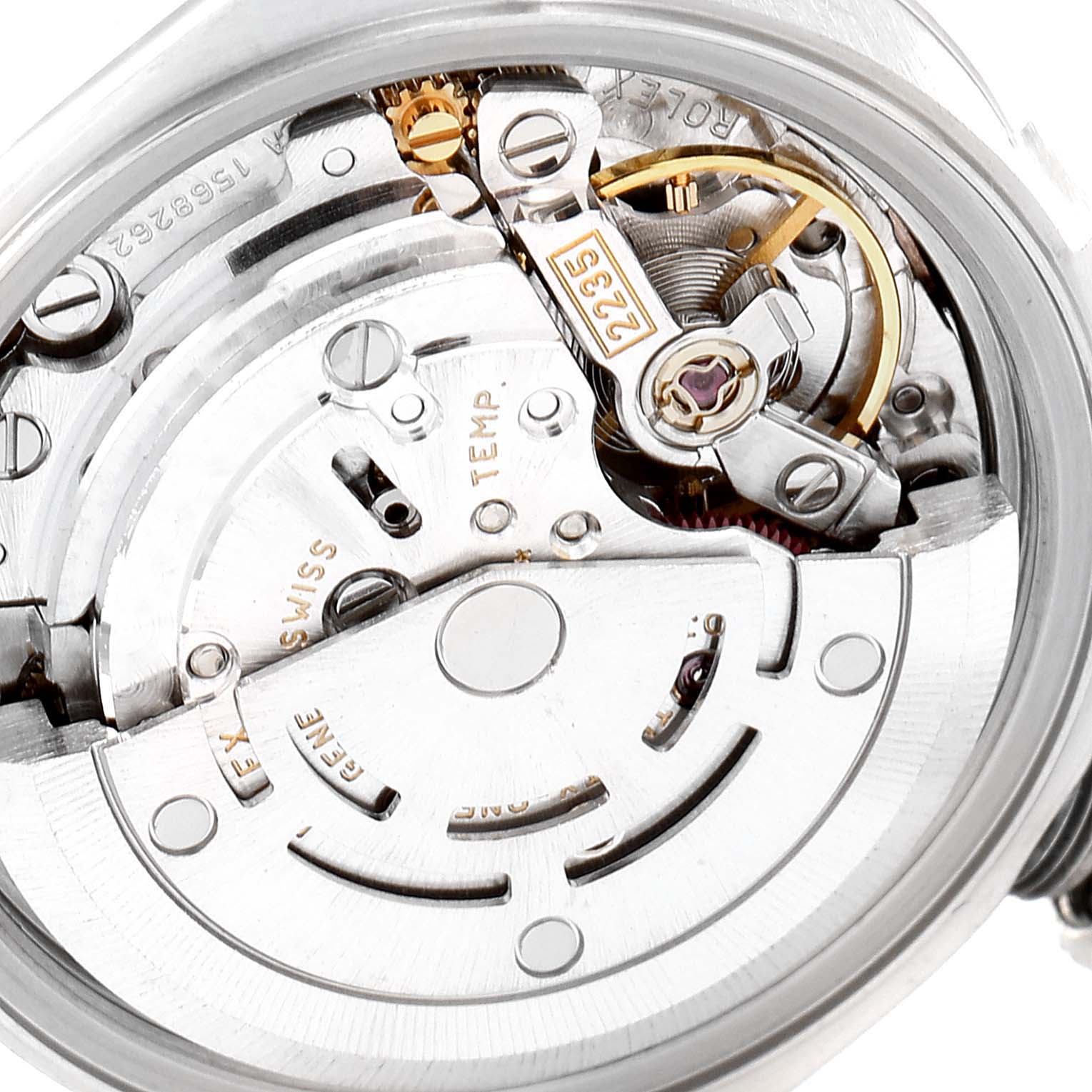 This image shows a close-up view of the movement mechanism inside a Rolex Date 79160 Women's Stainless Steel Pink Dial 79160 Women's Stainless Steel Pink Dial watch.