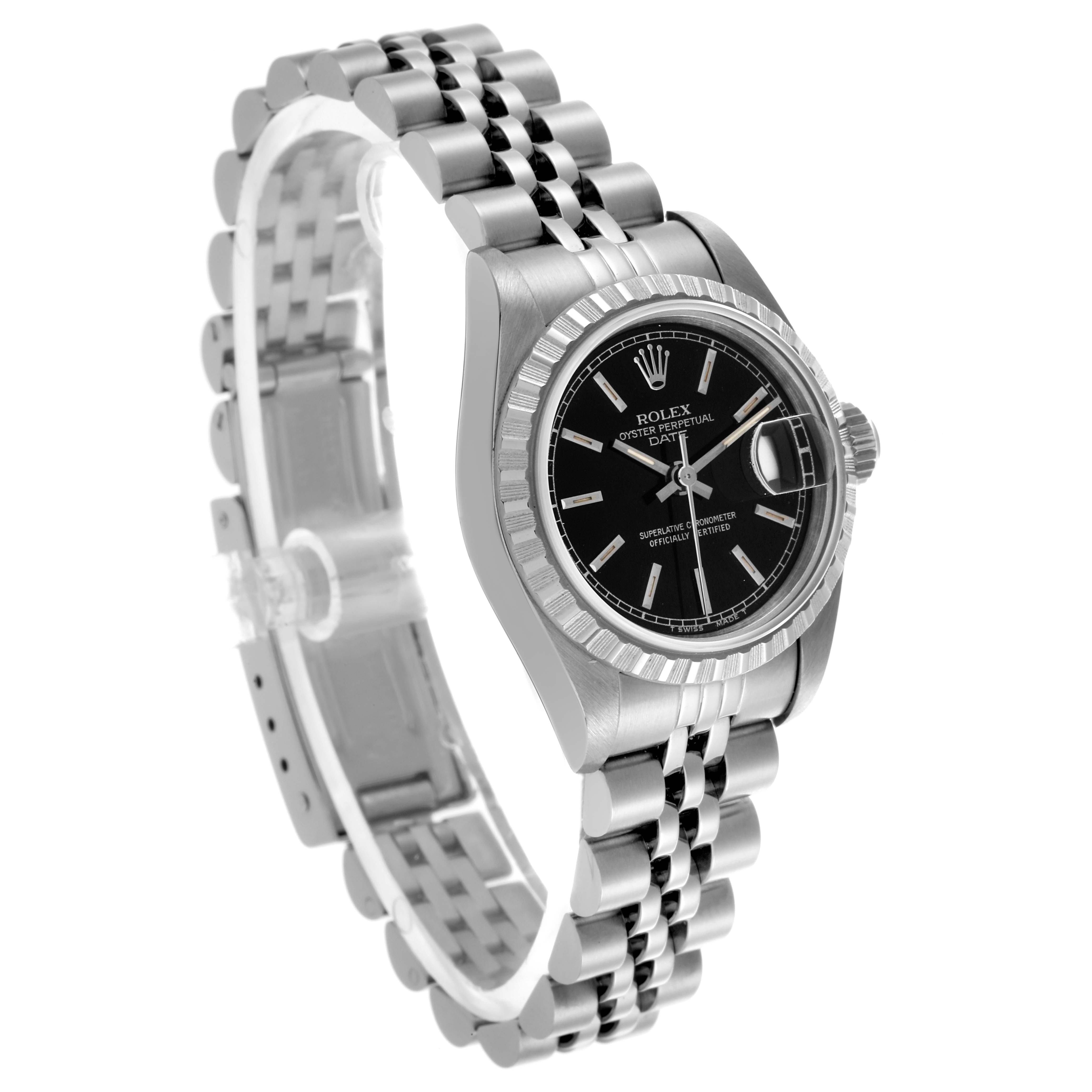 The Rolex Date 69240 Women's Stainless Steel Black Dial 69240 Women's Stainless Steel Black Dial watch is shown at a front-left angle, displaying its black dial, fluted bezel, and Jubilee bracelet.