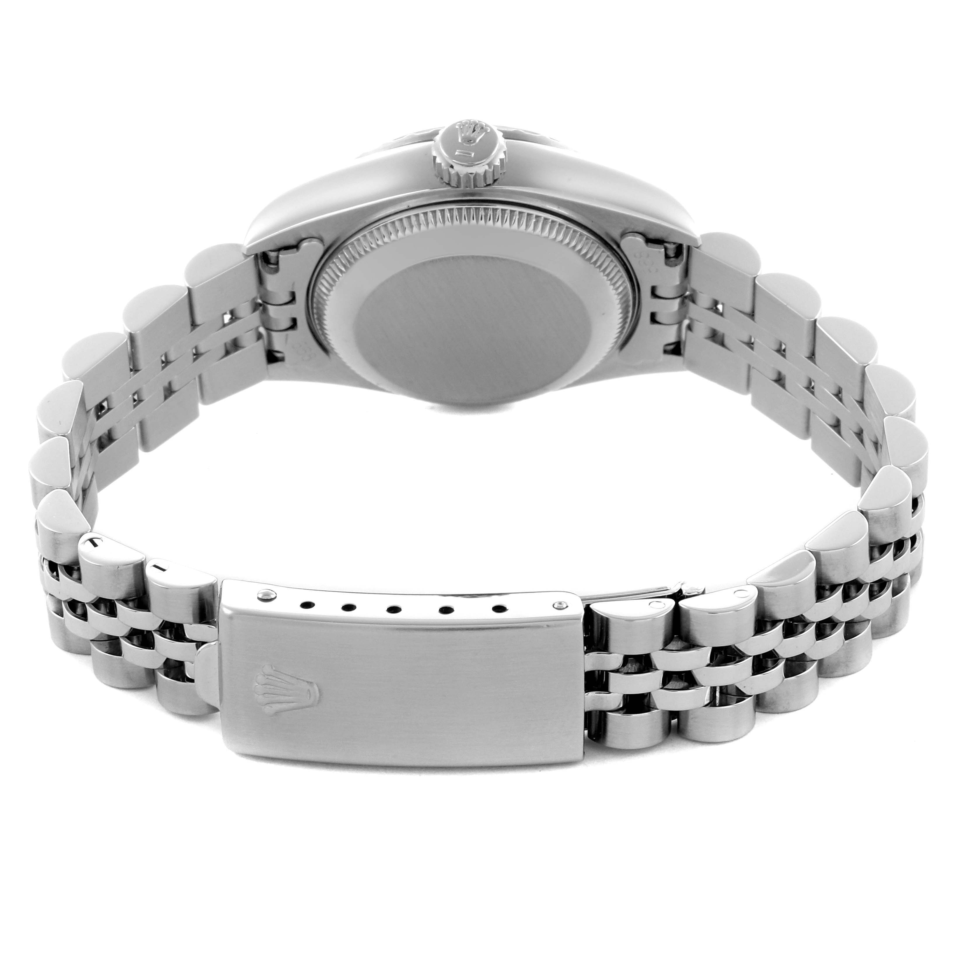 The Rolex Date 69240 Women's Stainless Steel Black Dial 69240 Women's Stainless Steel Black Dial watch is shown from the back, highlighting the case back, bracelet, and clasp.