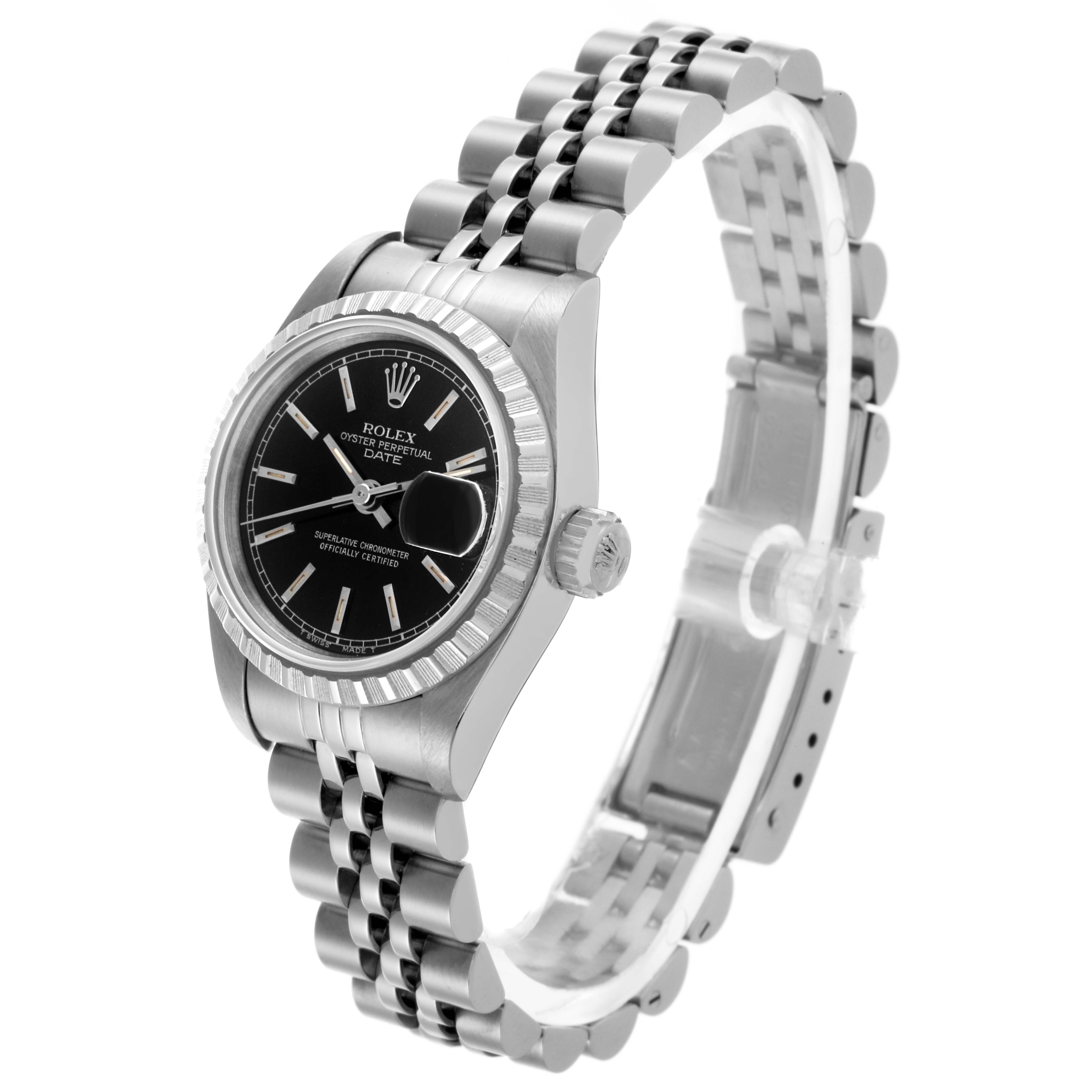 The image shows a Rolex Date 69240 Women's Stainless Steel Black Dial 69240 Women's Stainless Steel Black Dial model from an angled side view, highlighting the face, bezel, crown, and bracelet.