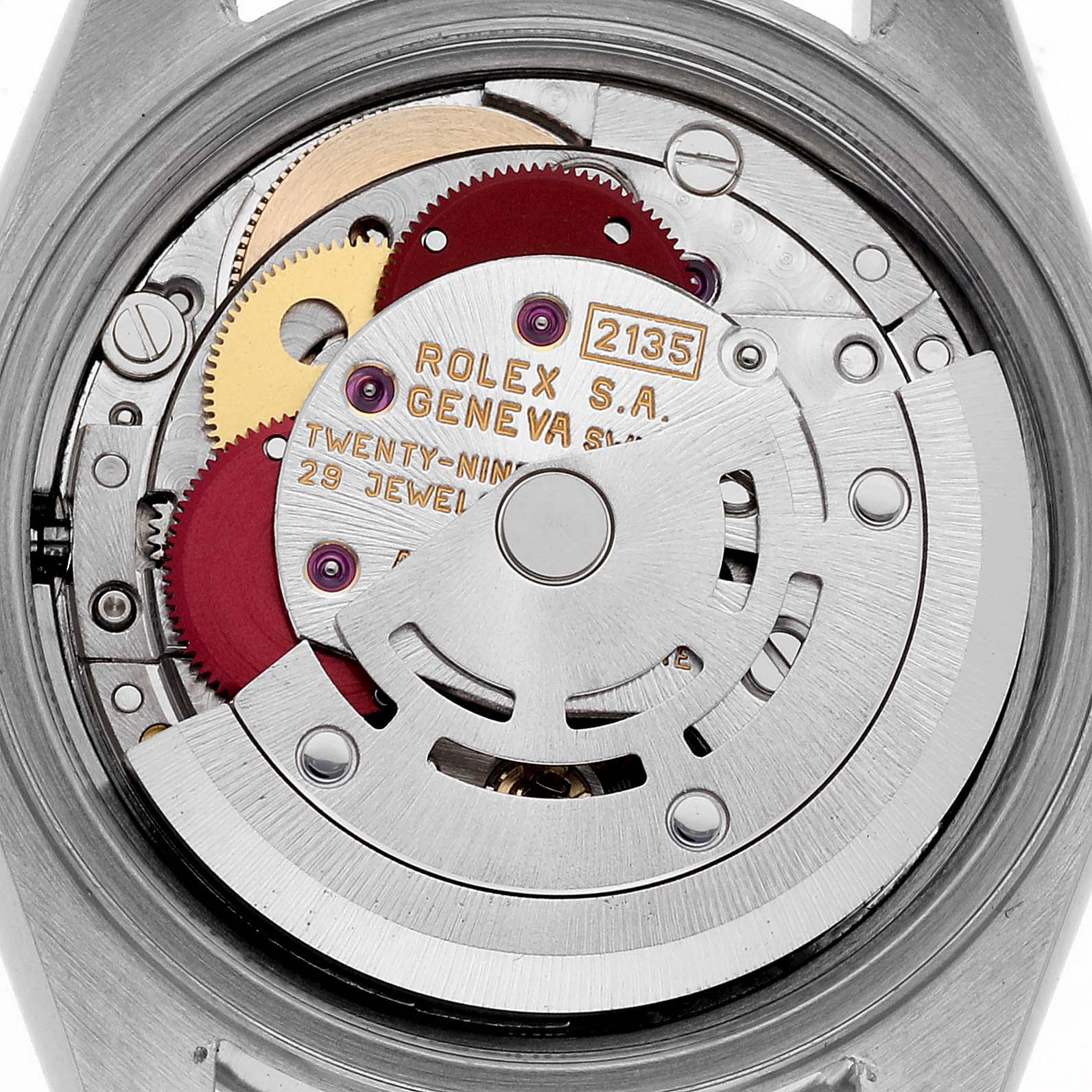 The image shows the internal mechanism of a Rolex Date 69240 Women's Stainless Steel Black Dial 69240 Women's Stainless Steel Black Dial, highlighting the rotor and gears from a rear angle.