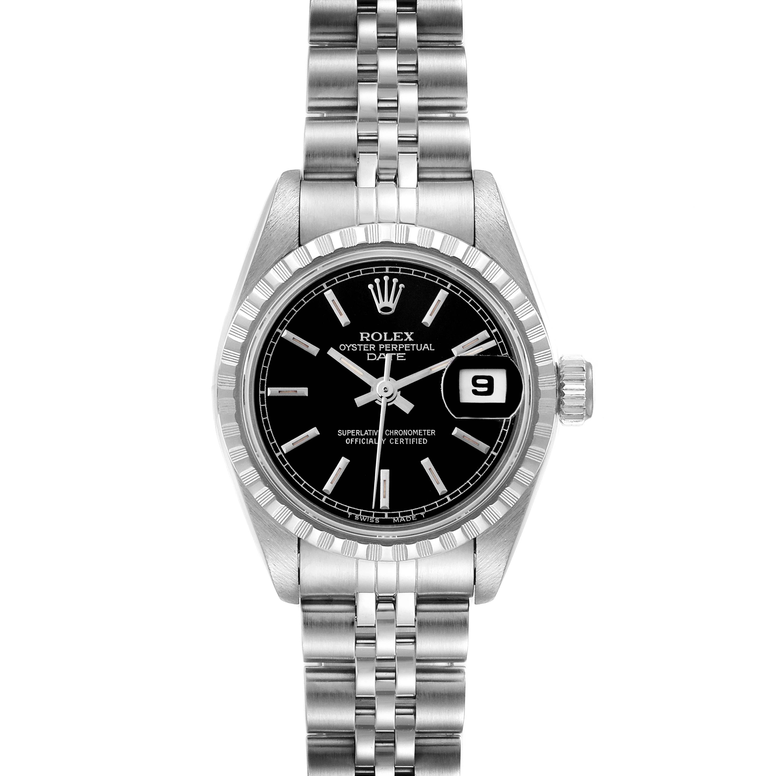 The Rolex Date 69240 Women's Stainless Steel Black Dial 69240 Women's Stainless Steel Black Dial model is shown from a front angle, displaying the dial, bezel, crown, and bracelet.