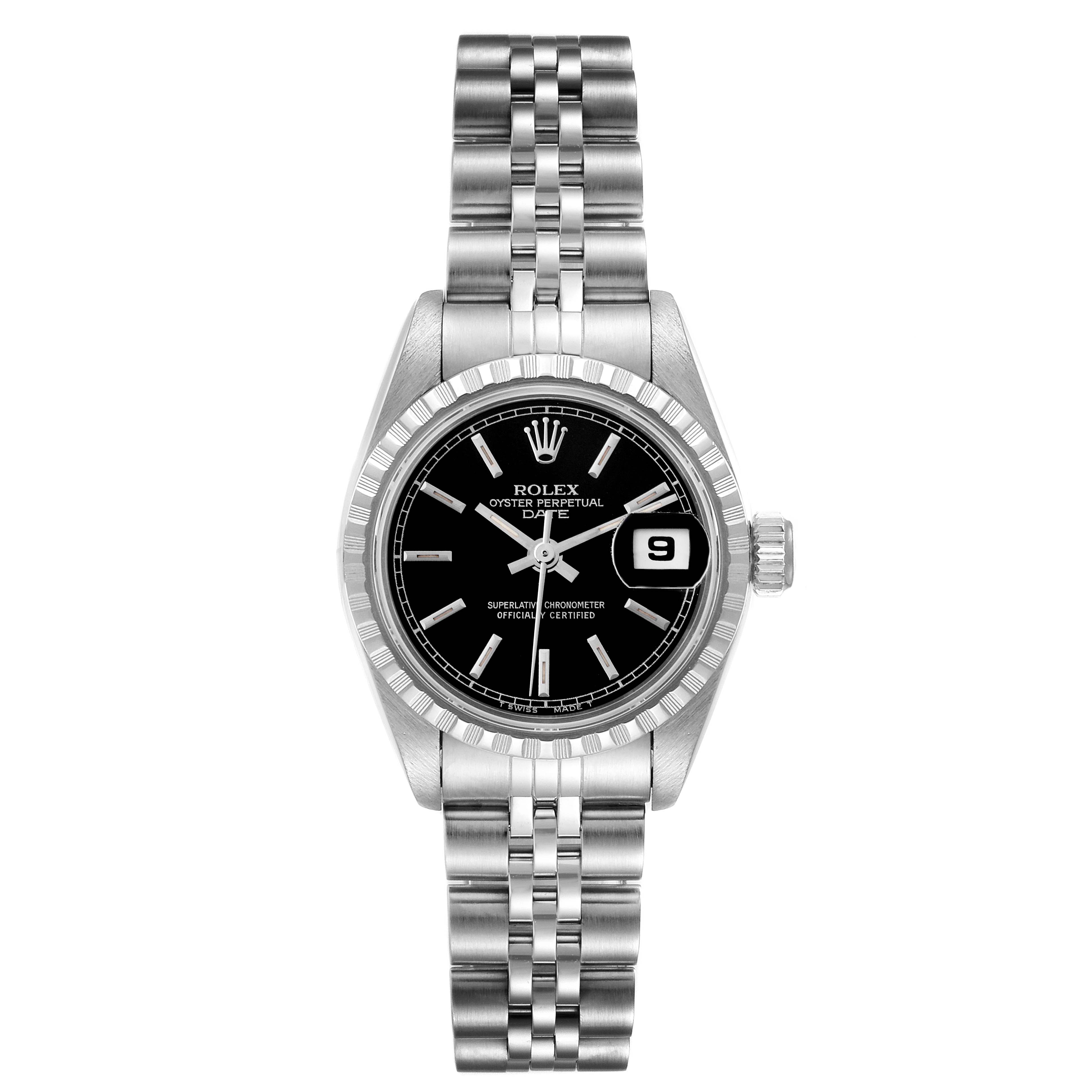 The Rolex Date 69240 Women's Stainless Steel Black Dial 69240 Women's Stainless Steel Black Dial model is shown from a front angle, displaying the dial, bezel, bracelet, and crown.