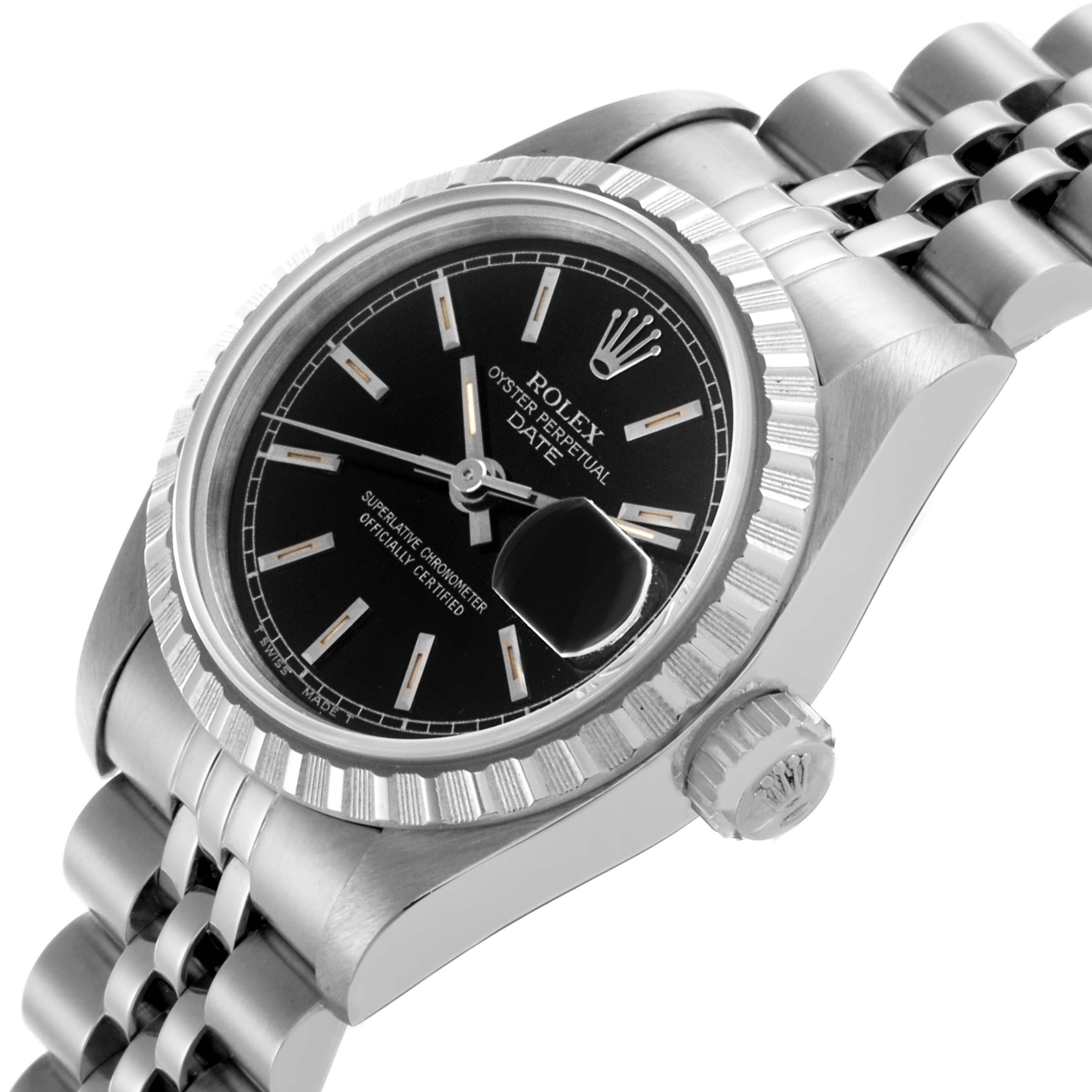 The Rolex Date 69240 Women's Stainless Steel Black Dial 69240 Women's Stainless Steel Black Dial watch is shown at an angle displaying the face, bezel, crown, and a portion of the bracelet.