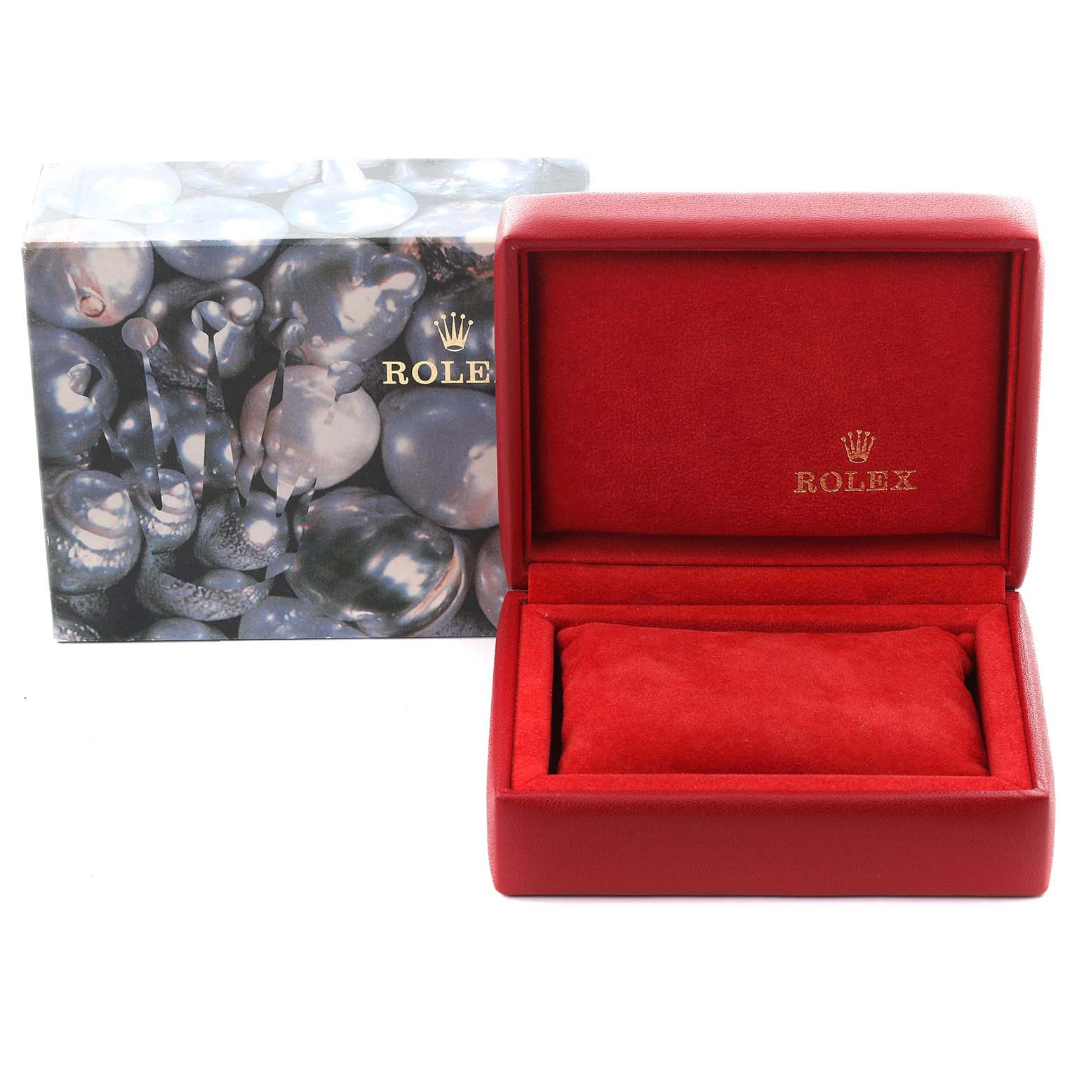 The image shows the Rolex Date 69240 Women's Stainless Steel Black Dial 69240 Women's Stainless Steel Black Dial model's red watch box and outer packaging from a front angle, without the watch inside.