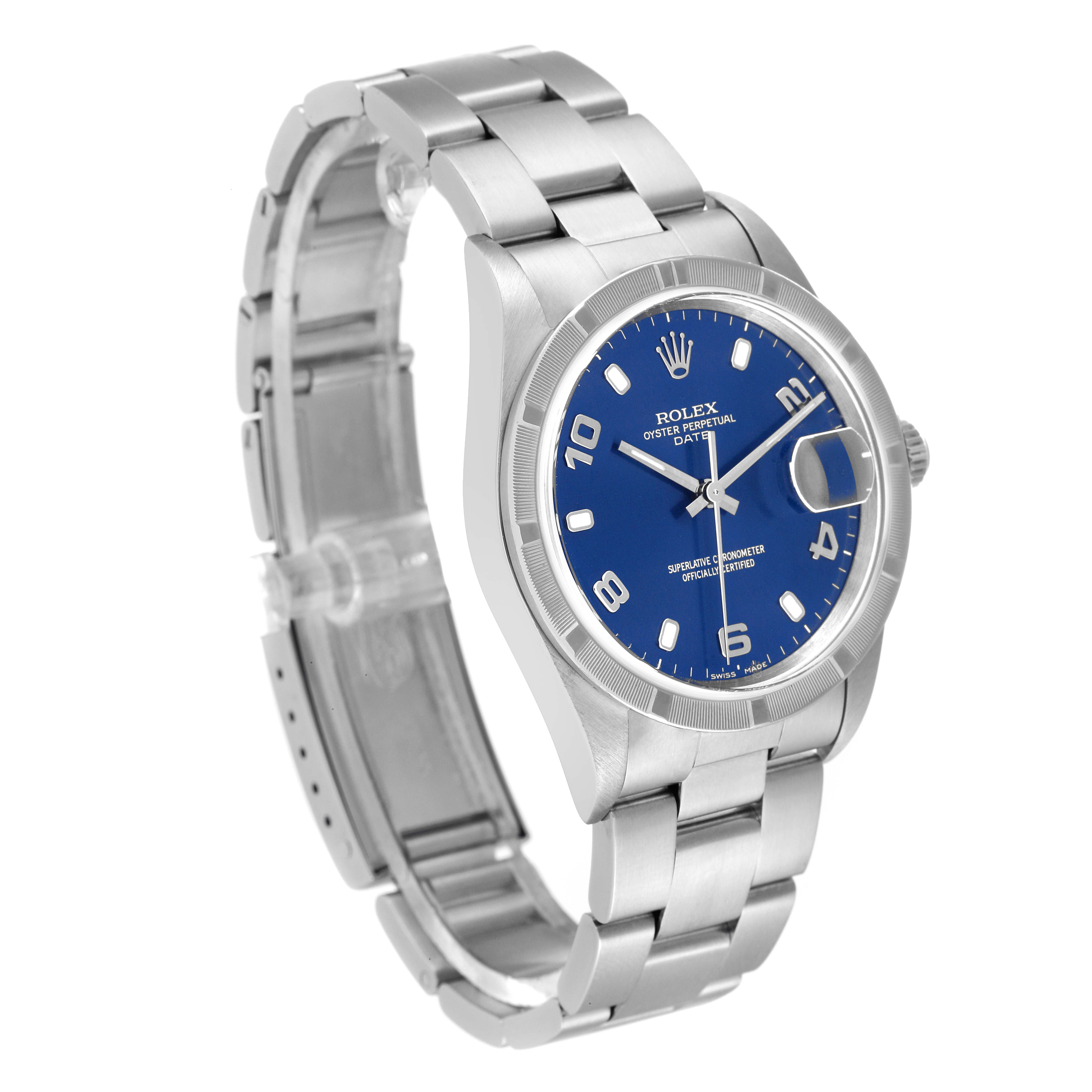The image shows a Rolex Date 15210 Men
s Stainless Steel Blue Dial 15210 Men
s Stainless Steel Blue Dial model watch at an angle displaying the bracelet, case, blue dial, and date magnifier.