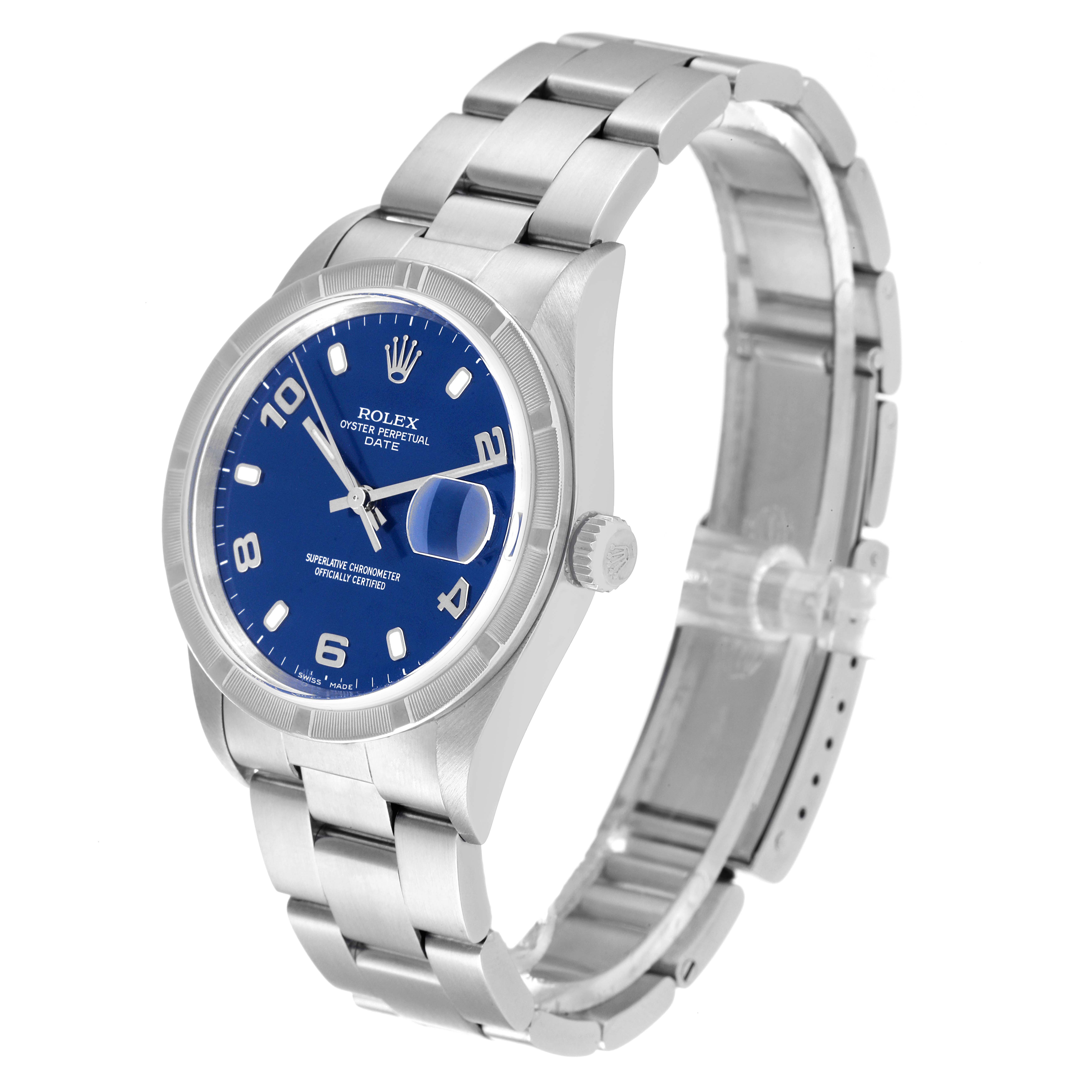 This image shows a Rolex Date 15210 Men
s Stainless Steel Blue Dial 15210 Men
s Stainless Steel Blue Dial model watch at an angled view, featuring the blue dial, stainless steel case, and bracelet.