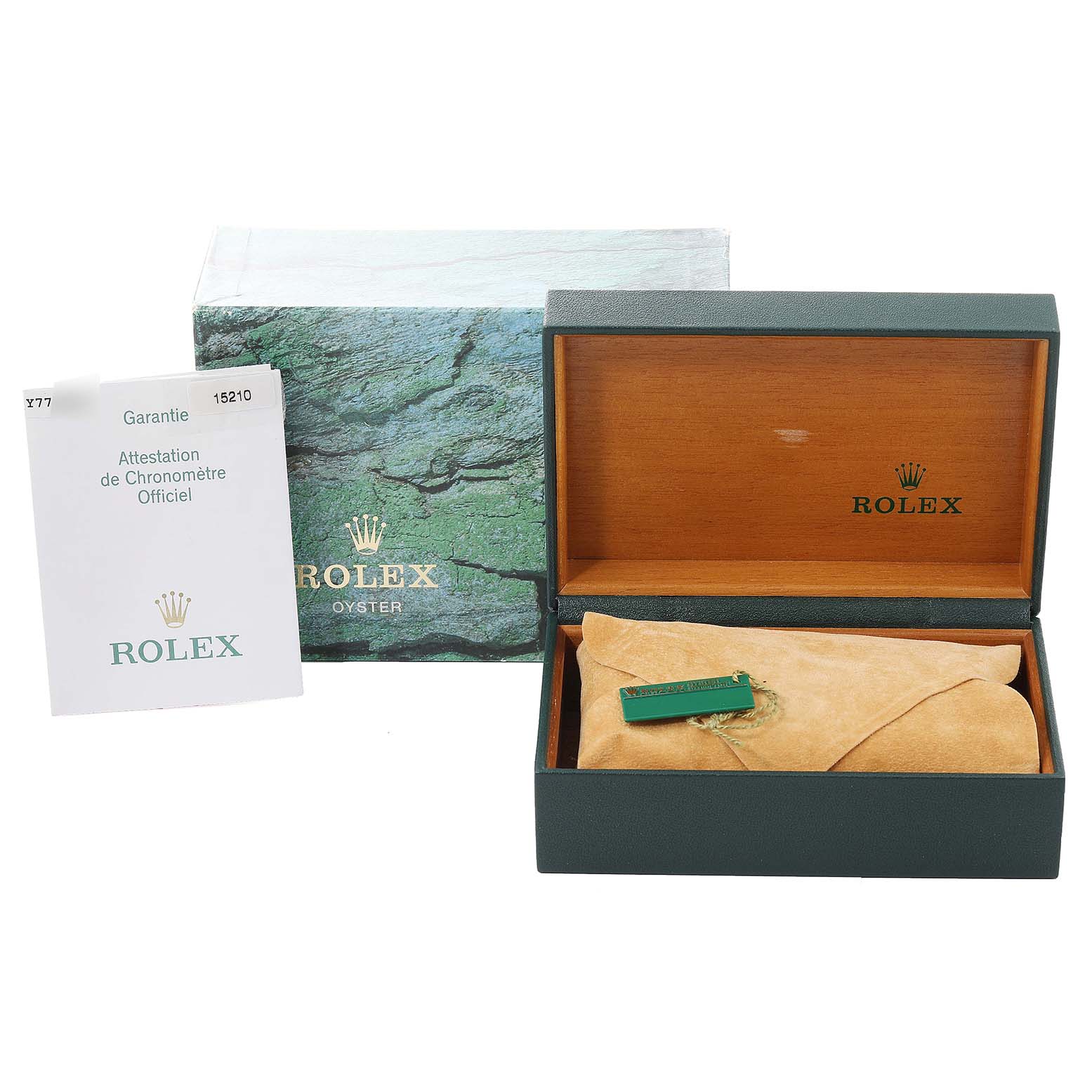 This image shows a Rolex Date 15210 Men
s Stainless Steel Blue Dial 15210 Men
s Stainless Steel Blue Dial model watch box and accessories, including the outer box, inner wooden box, and guarantee card.