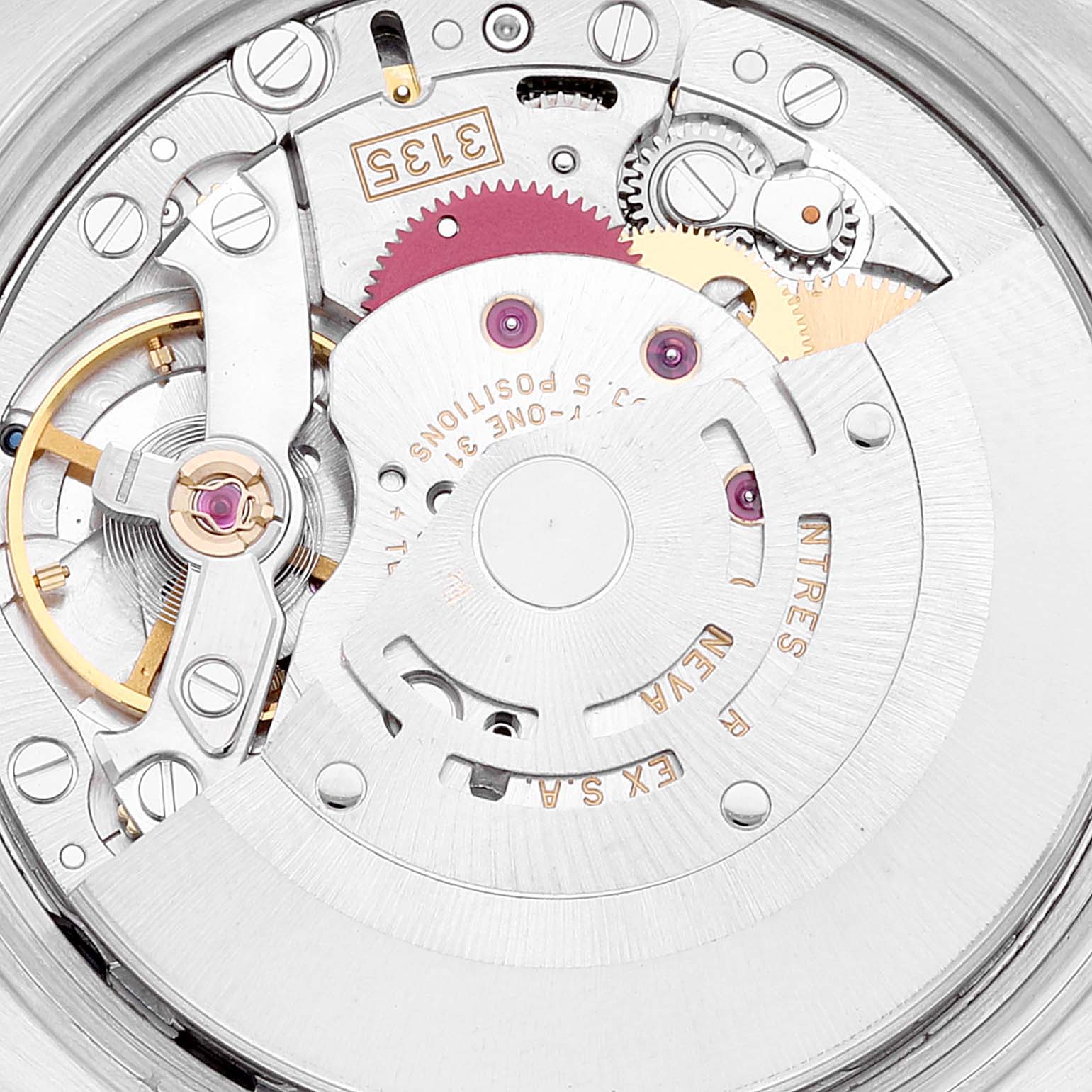 The image shows the internal movement mechanism of a Rolex Date 15210 Men
s Stainless Steel Blue Dial 15210 Men
s Stainless Steel Blue Dial model watch, specifically the rotor and balance wheel.