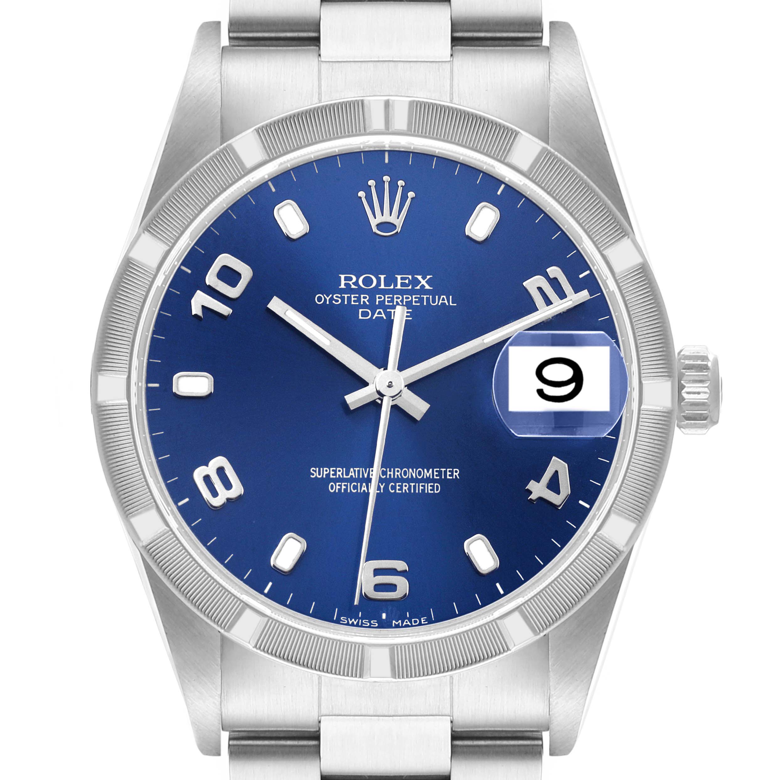 The image displays a front view of a Rolex Oyster Perpetual Date watch, highlighting its blue dial and date function at 3 o
clock.