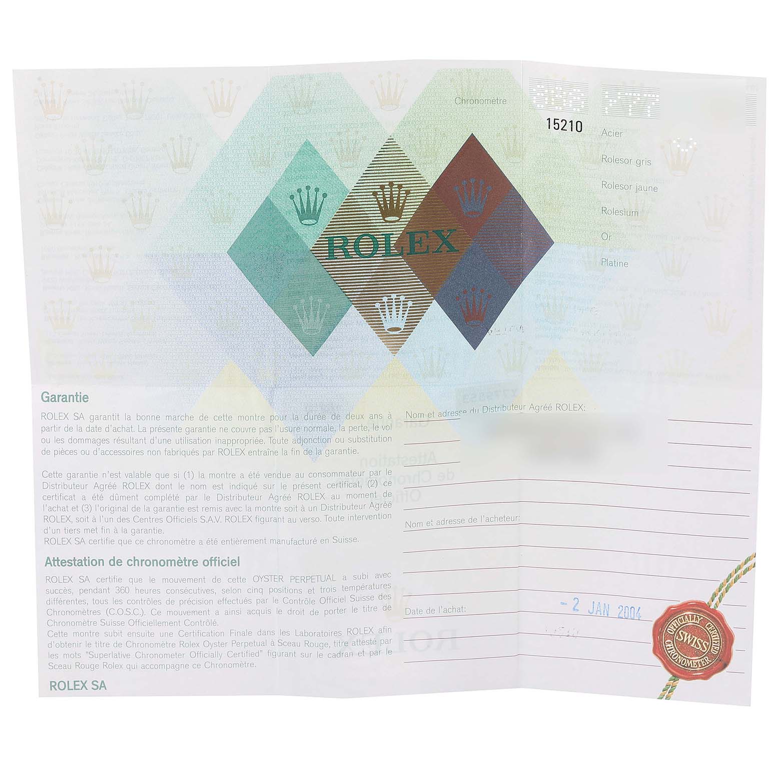 This image shows the warranty and certification card for a Rolex Date 15210 Men
s Stainless Steel Blue Dial 15210 Men
s Stainless Steel Blue Dial model watch.