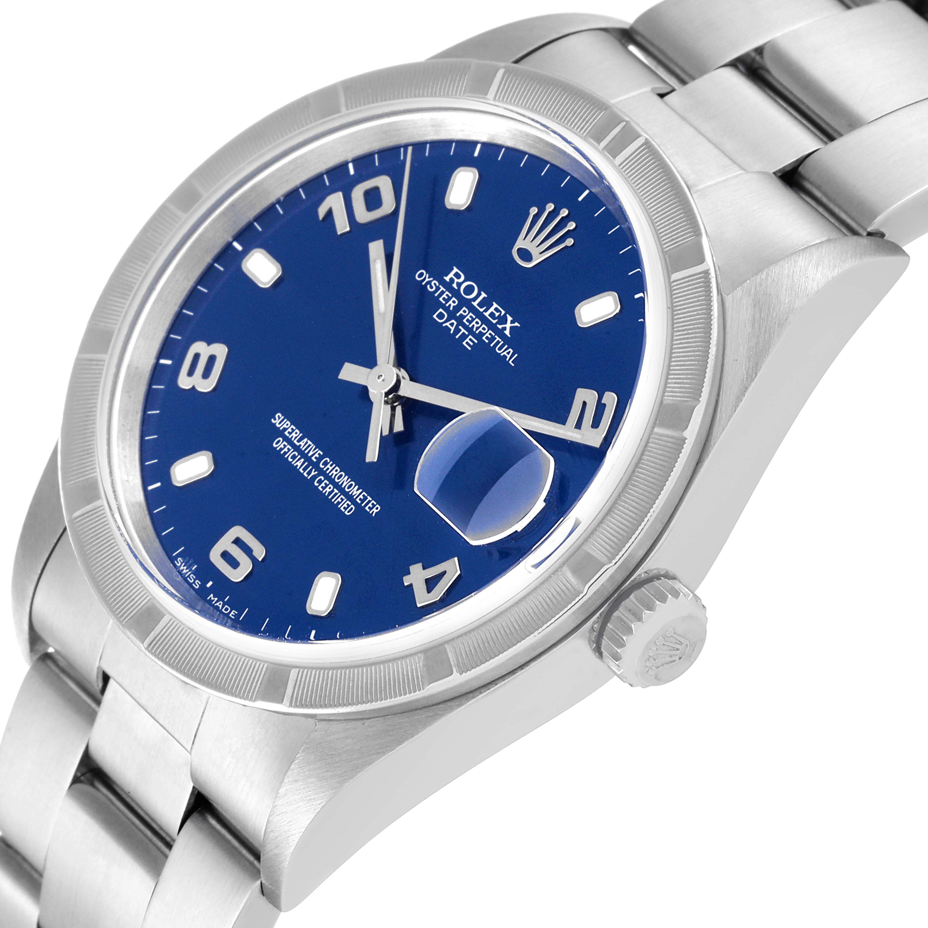 The Rolex Date 15210 Men
s Stainless Steel Blue Dial 15210 Men
s Stainless Steel Blue Dial model watch is shown at an angled close-up, focusing on its blue dial, bezel, crown, and part of the bracelet.