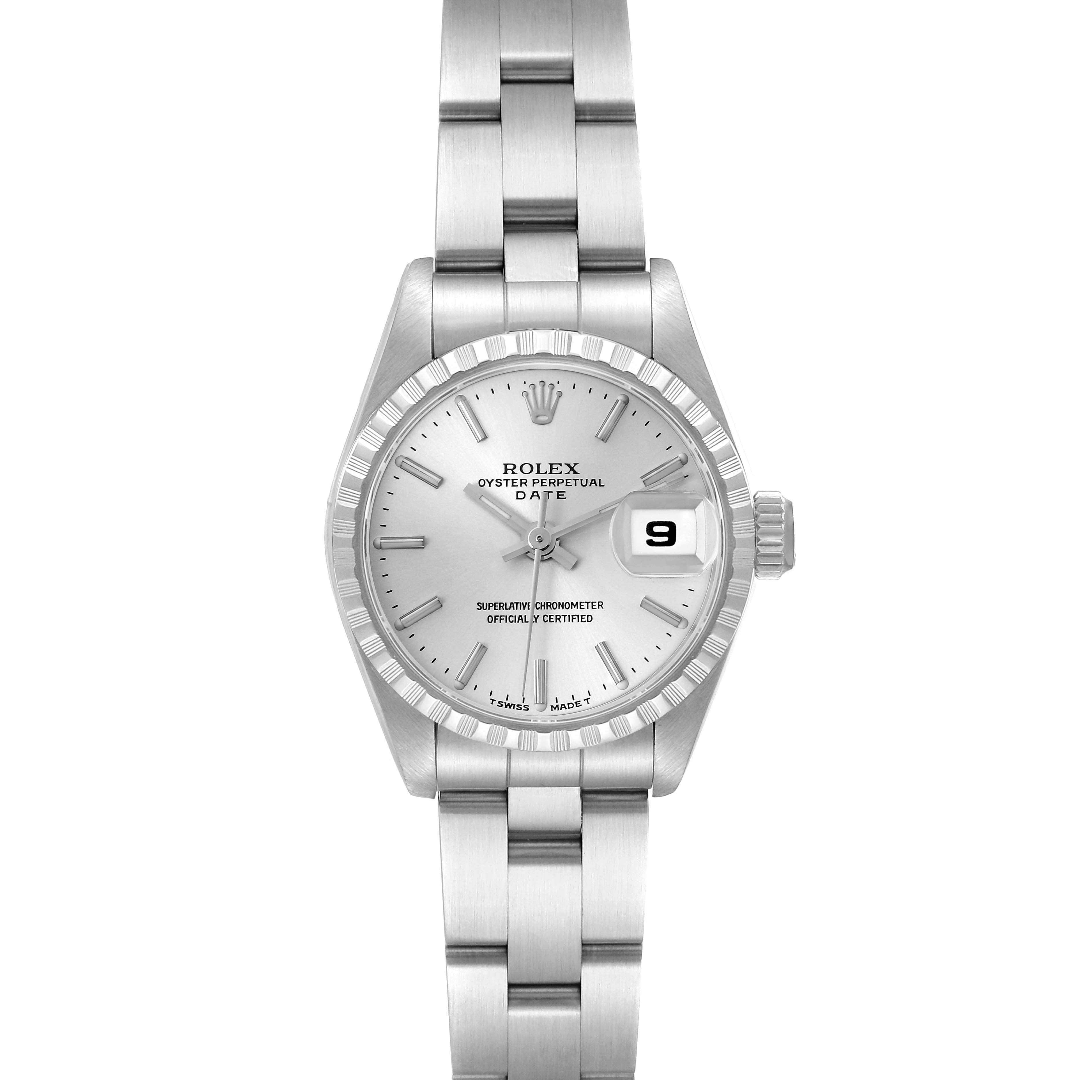The Rolex Date 69240 Women's Stainless Steel Silver Dial 69240 Women's Stainless Steel Silver Dial watch is shown from the front, displaying the dial, hands, date window, bezel, and bracelet.