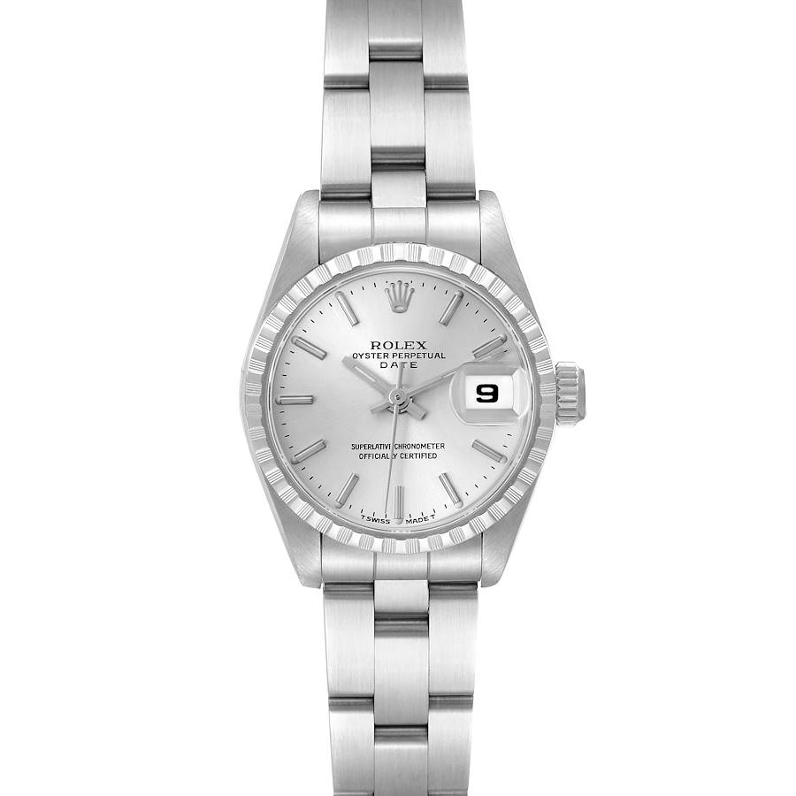 The Rolex Date watch is shown from the front, displaying the dial, hands, date window, bezel, and bracelet.