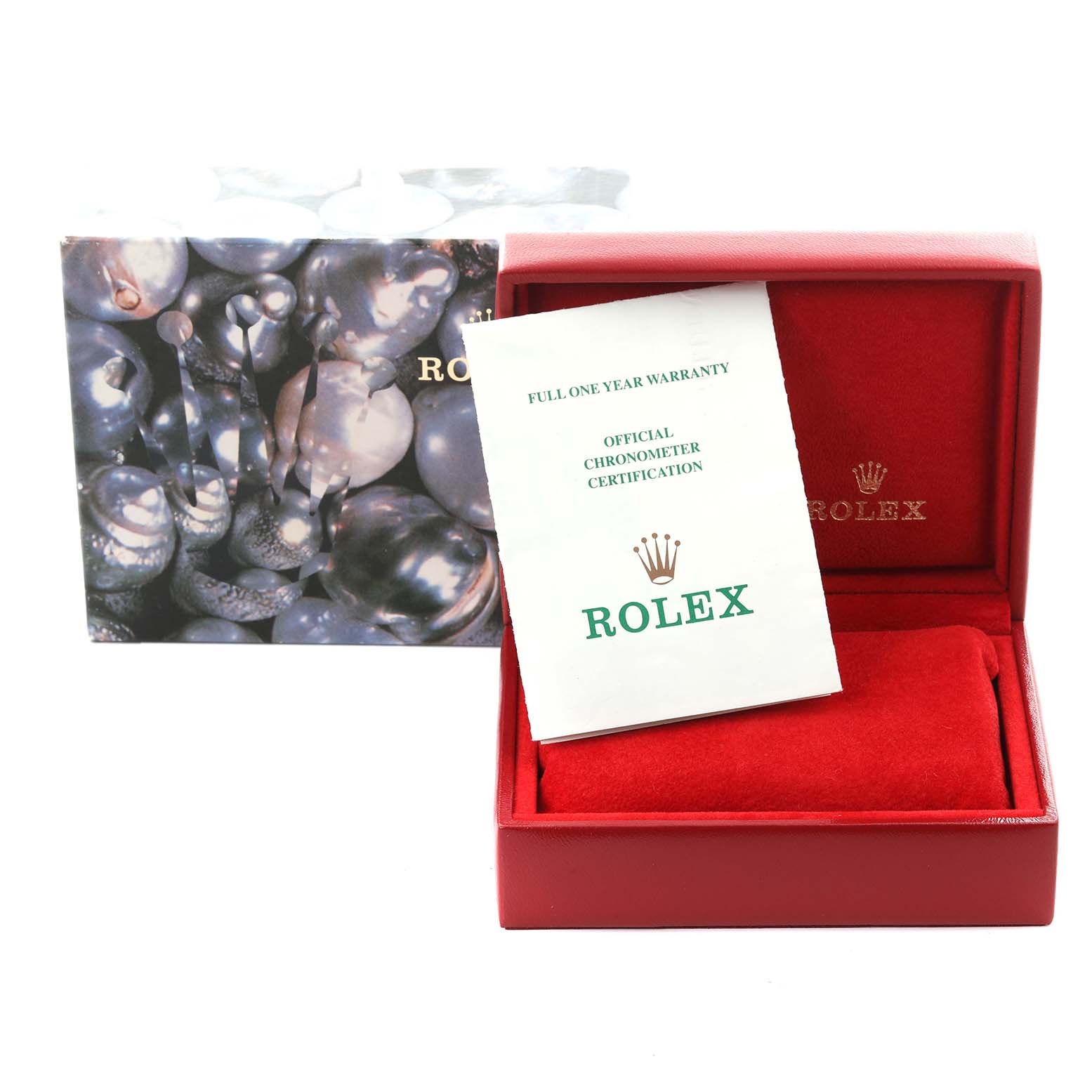 The image shows a Rolex Date 69240 Women's Stainless Steel Silver Dial 69240 Women's Stainless Steel Silver Dial model's box and warranty paperwork, photographed from the front.