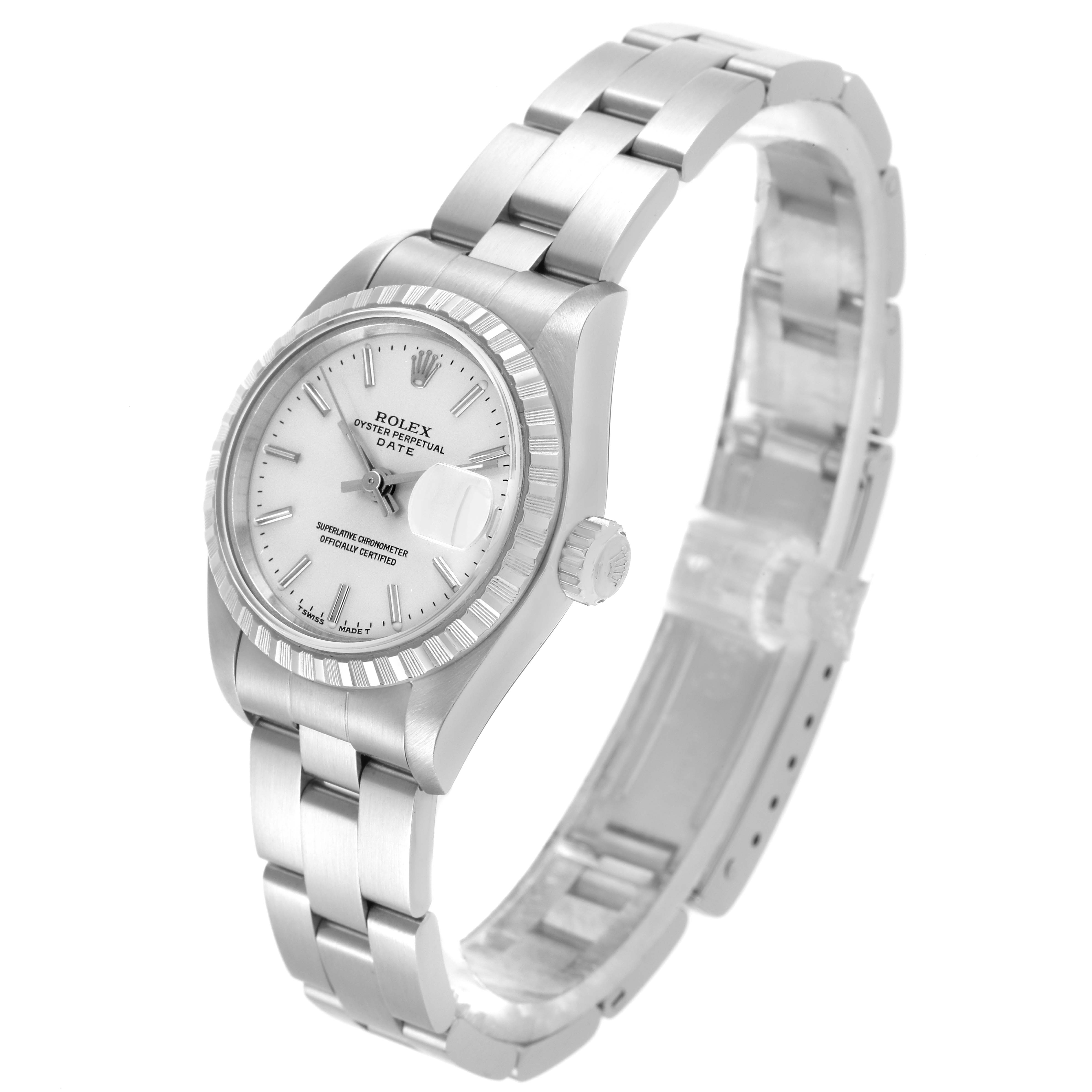The Rolex Date 69240 Women's Stainless Steel Silver Dial 69240 Women's Stainless Steel Silver Dial model watch is shown at a three-quarter angle, displaying the dial, bracelet, and crown.