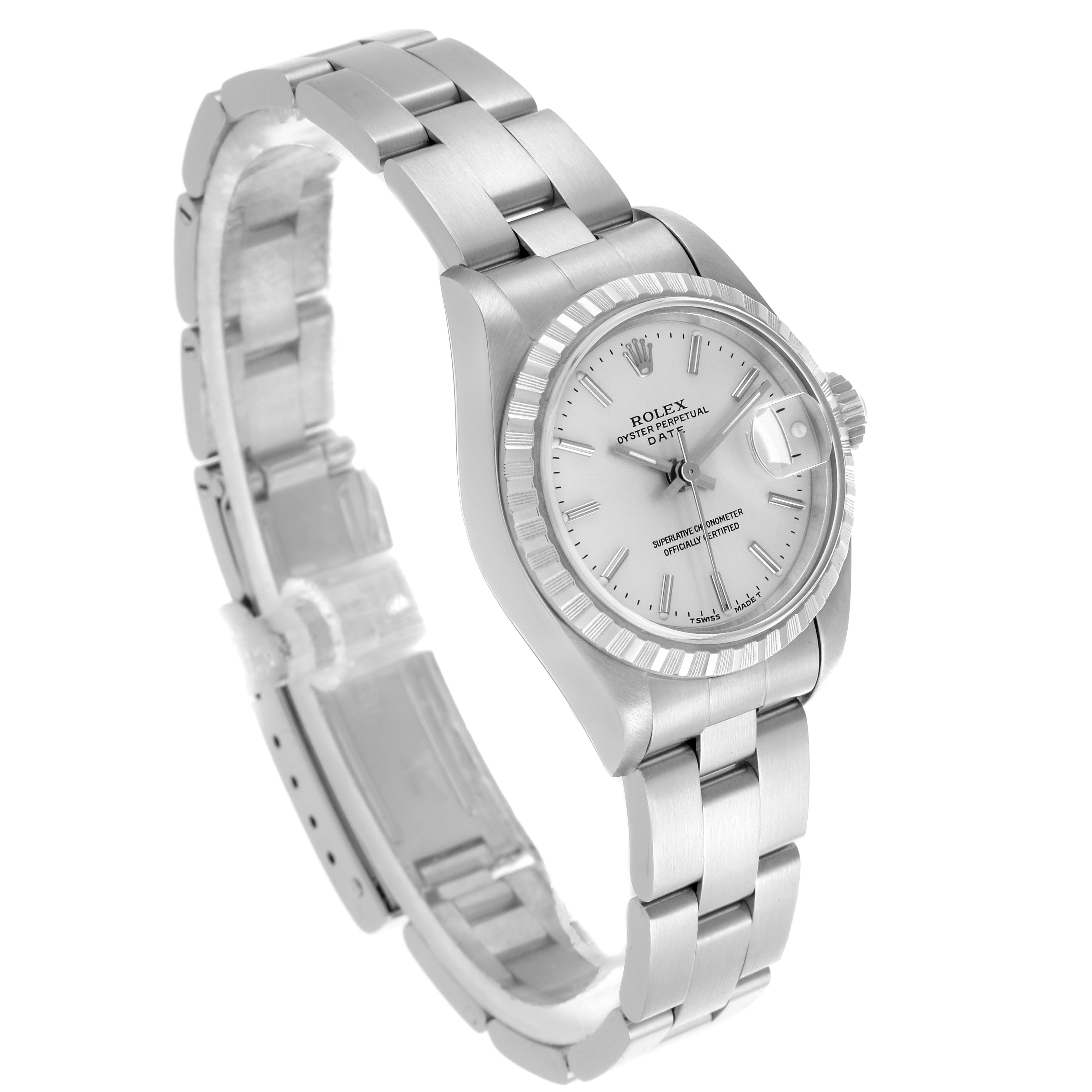 The Rolex Date 69240 Women's Stainless Steel Silver Dial 69240 Women's Stainless Steel Silver Dial is shown at a three-quarter angle, displaying the dial, bezel, and bracelet.