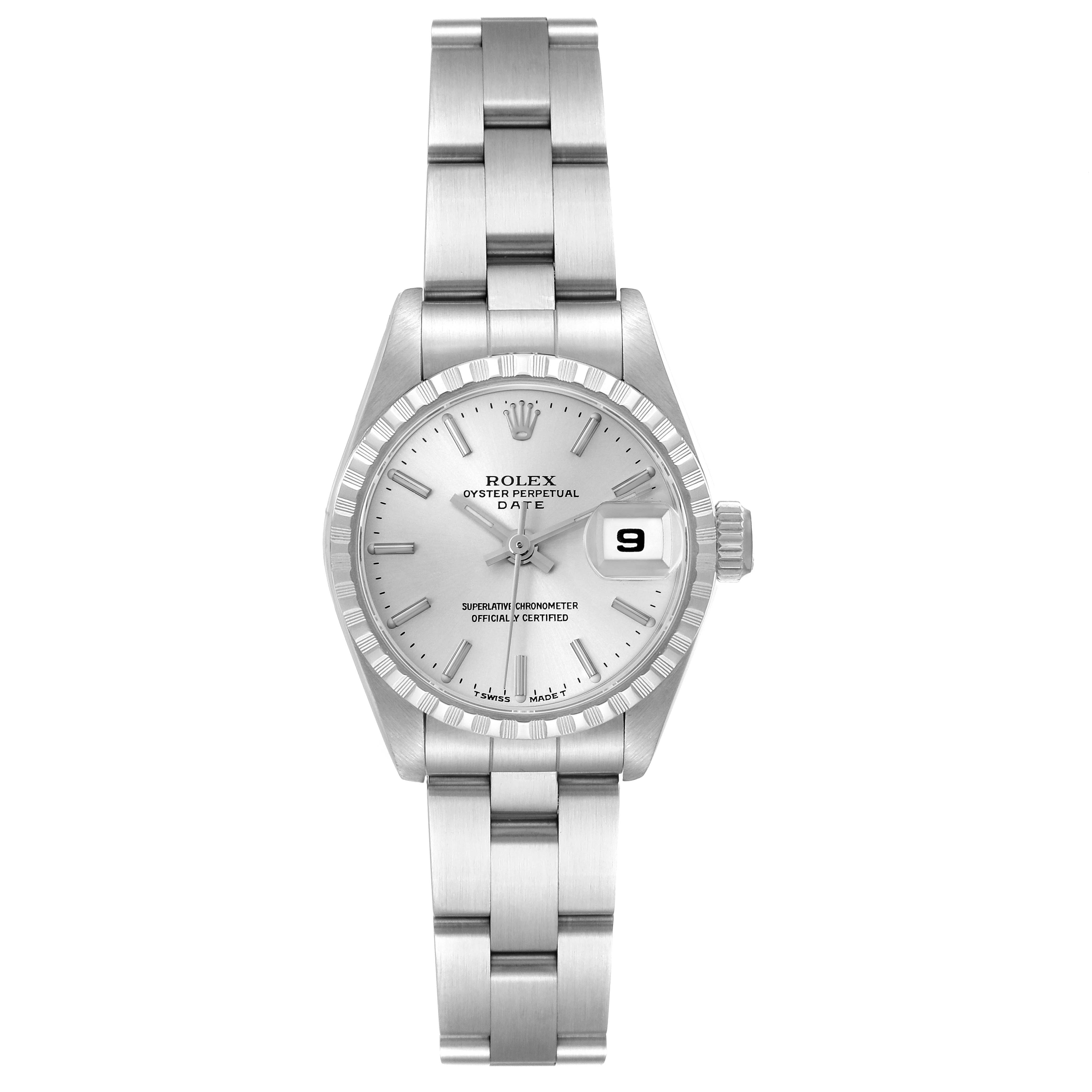 The Rolex Date 69240 Women's Stainless Steel Silver Dial 69240 Women's Stainless Steel Silver Dial watch is shown from a front angle, displaying the dial, bracelet, bezel, and date function clearly.