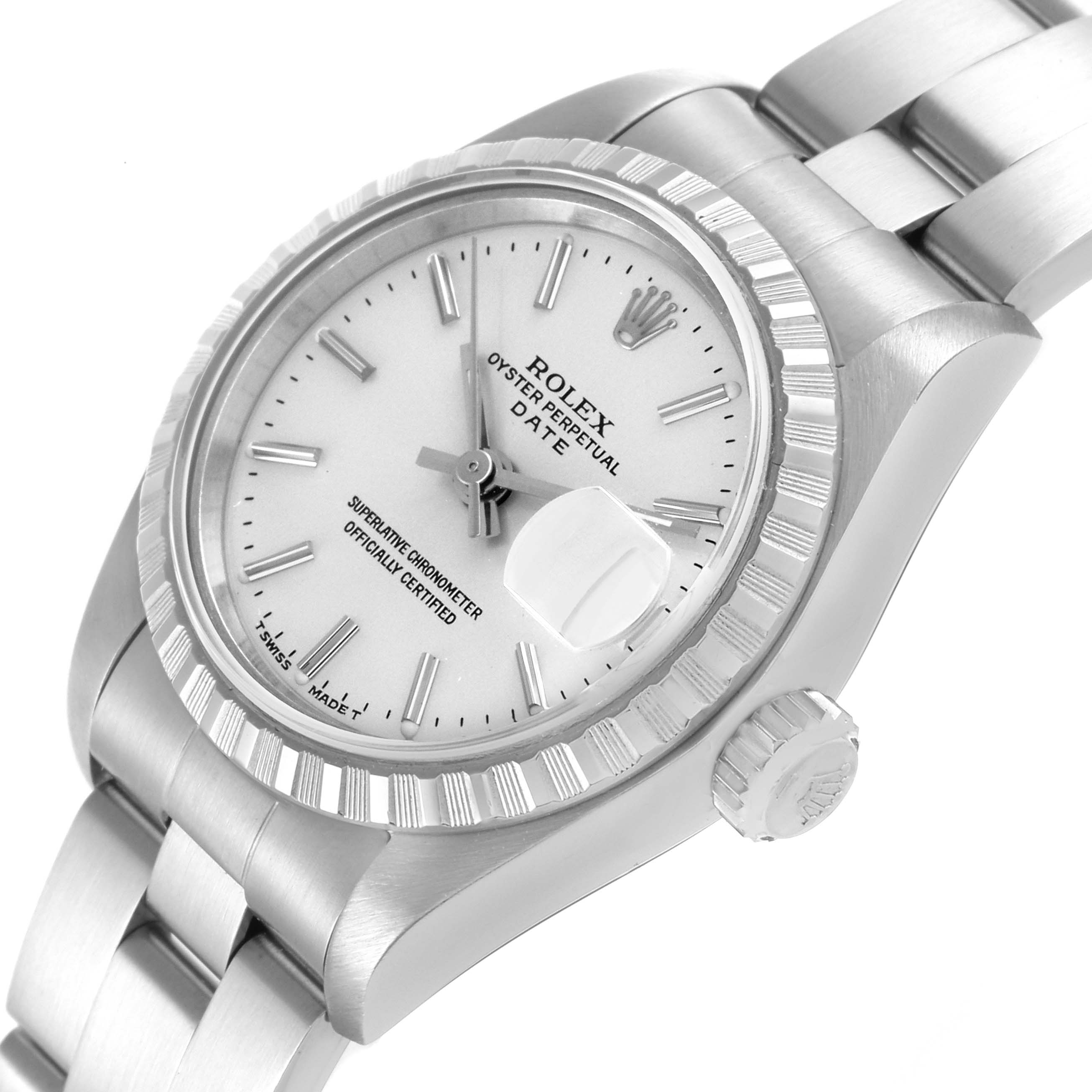 The Rolex Date 69240 Women's Stainless Steel Silver Dial 69240 Women's Stainless Steel Silver Dial model watch is shown from a three-quarter angle, highlighting the face, bezel, crown, and bracelet.