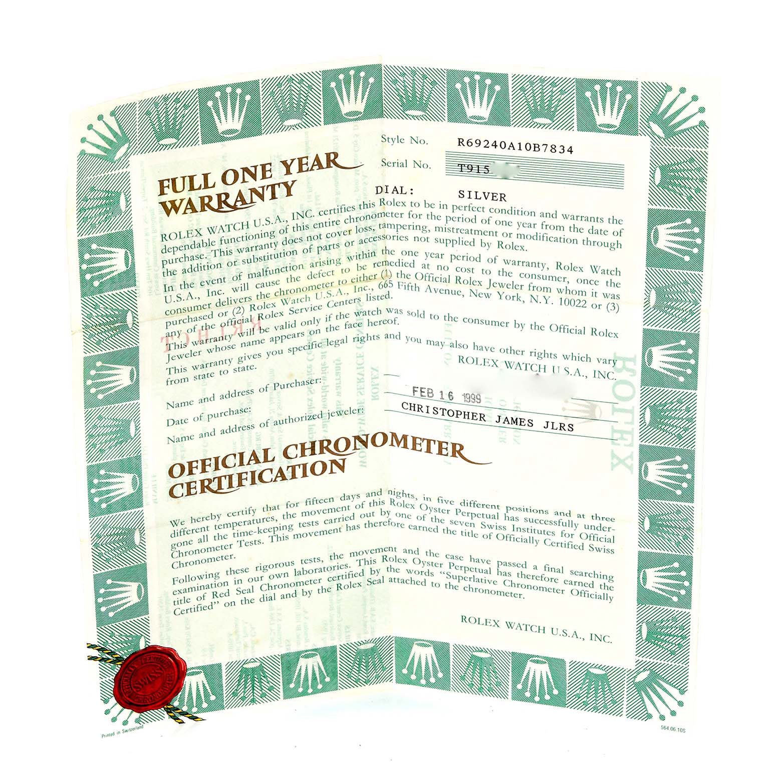 The image shows a warranty and certification paper for a Rolex Date 69240 Women's Stainless Steel Silver Dial 69240 Women's Stainless Steel Silver Dial model.