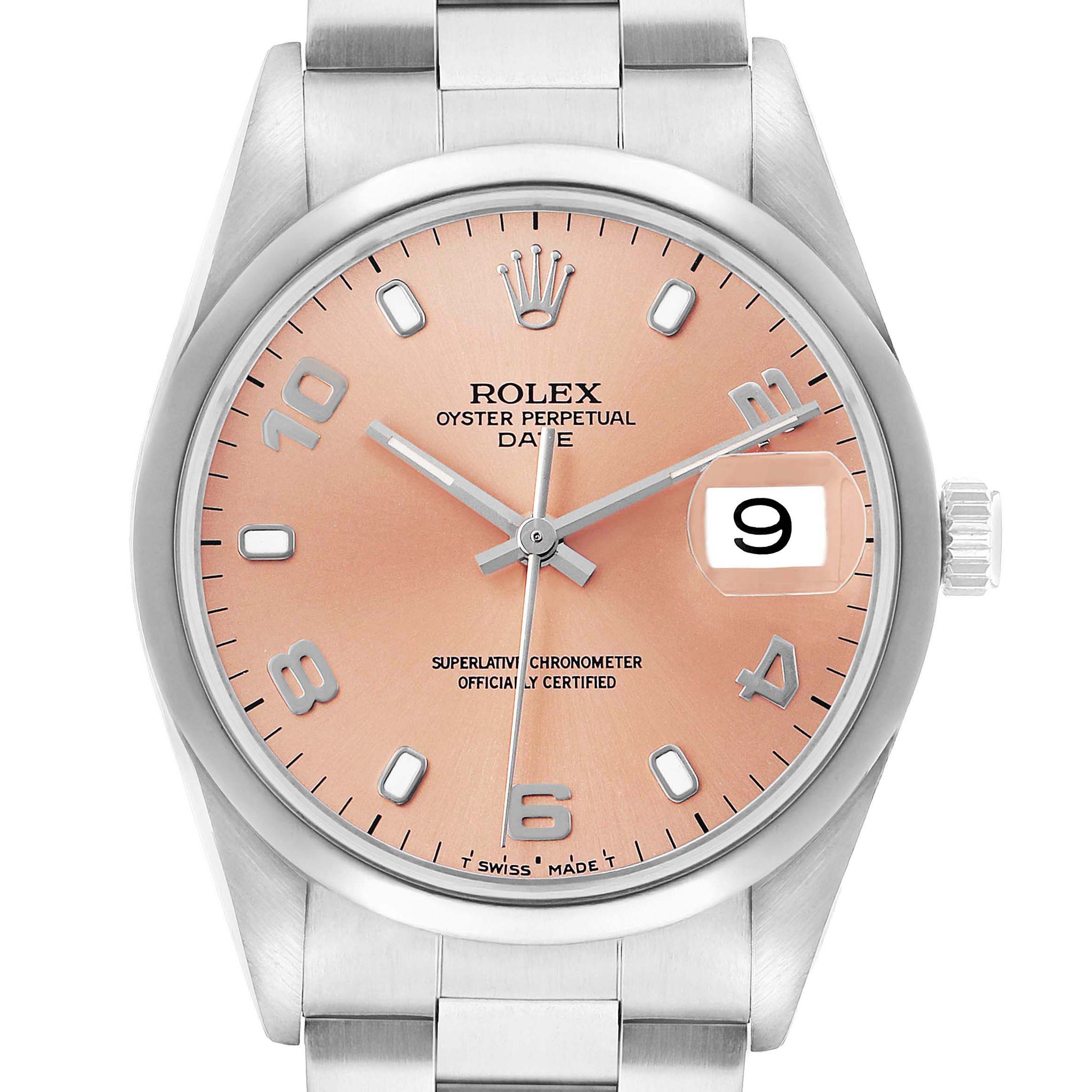 This image shows a front view of the Rolex Oyster Perpetual Date watch, highlighting the dial, hands, and date window.