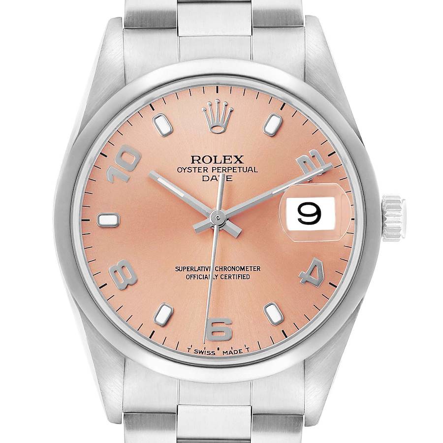 This image shows a front view of the Rolex Oyster Perpetual Date watch, highlighting the dial, hands, and date window.