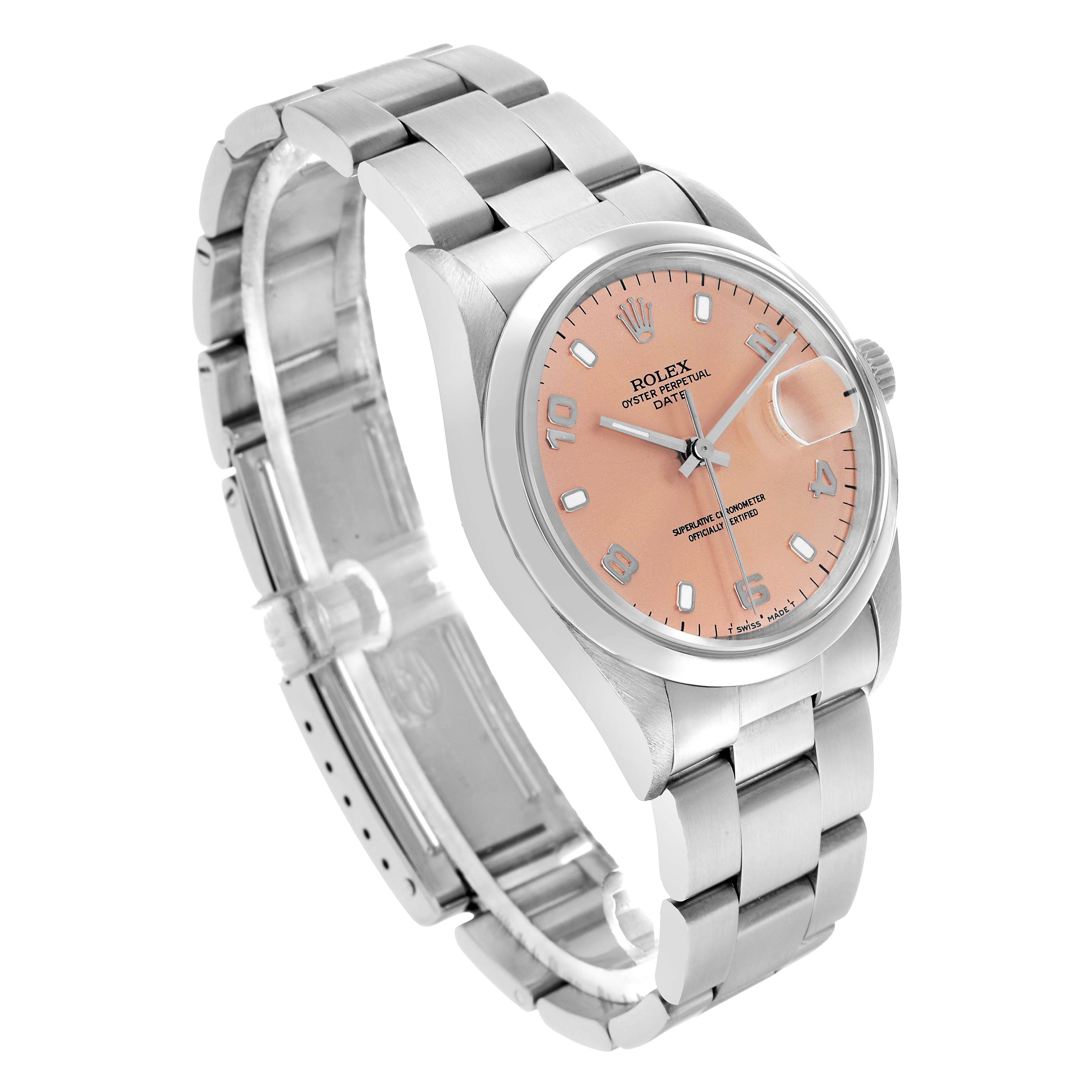 The Rolex Date 15200 Men's Stainless Steel Pink Dial watch is shown at a slight angle, highlighting the dial, bracelet, and partially open clasp.