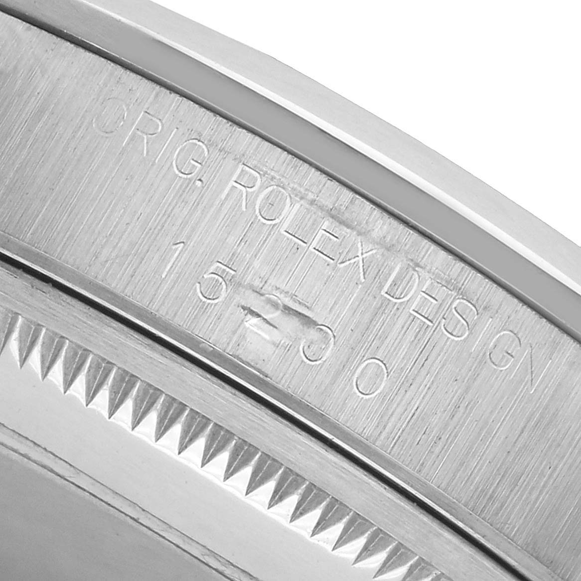 The image shows a close-up of the case side number engraving on a Rolex Date 15200 Men's Stainless Steel Pink Dial model.