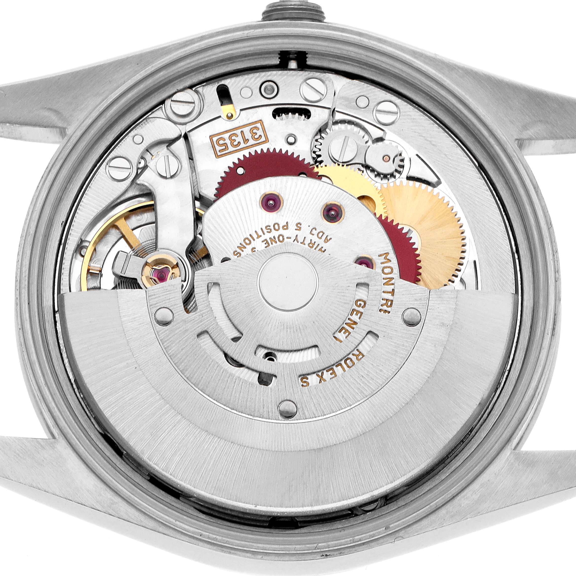 The image shows the movement of a Rolex Date 15200 Men's Stainless Steel Pink Dial watch at a straight-on angle, highlighting its inner mechanical components.