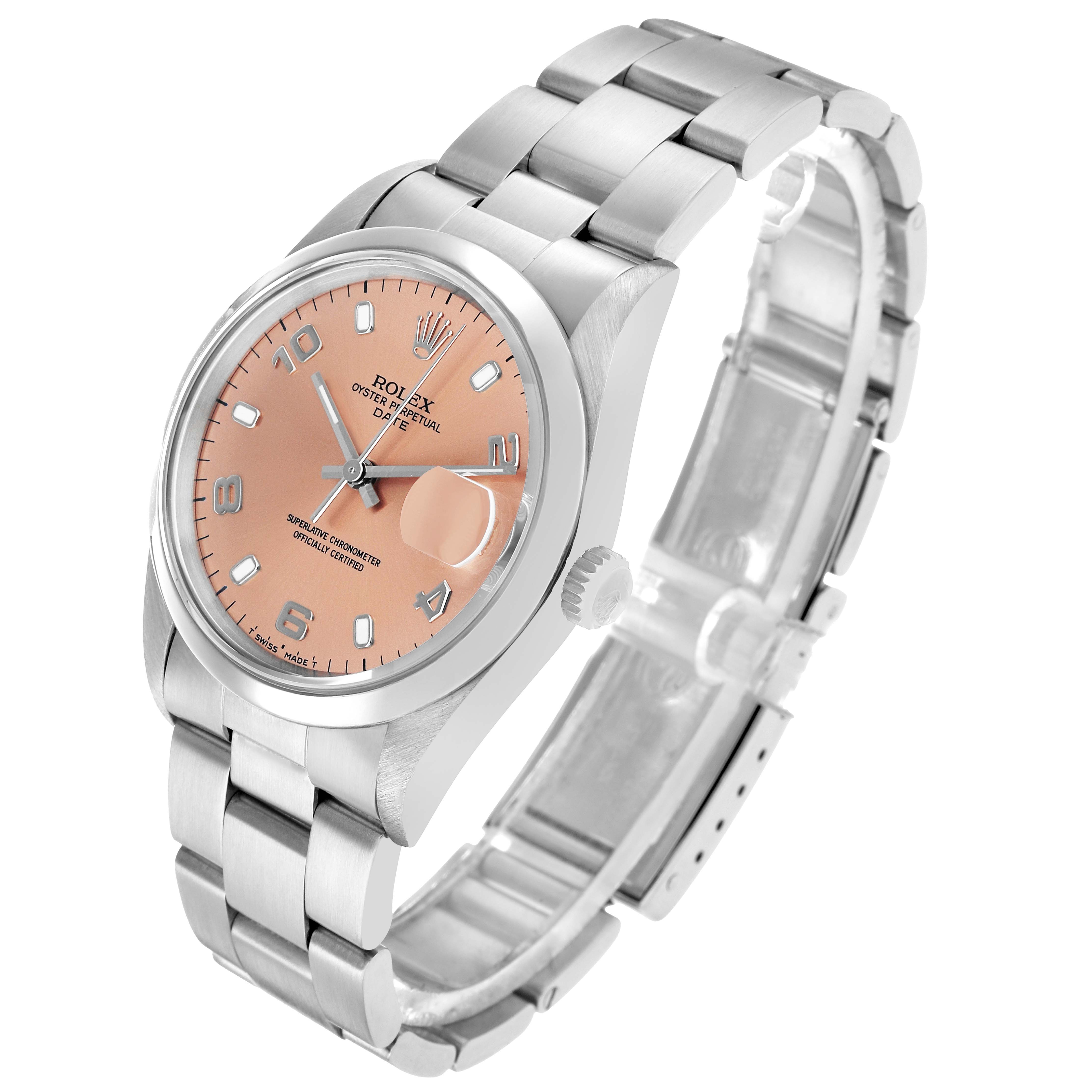The Rolex Date 15200 Men's Stainless Steel Pink Dial model is shown at a three-quarter angle, displaying the dial, case, bezel, crown, and bracelet links.