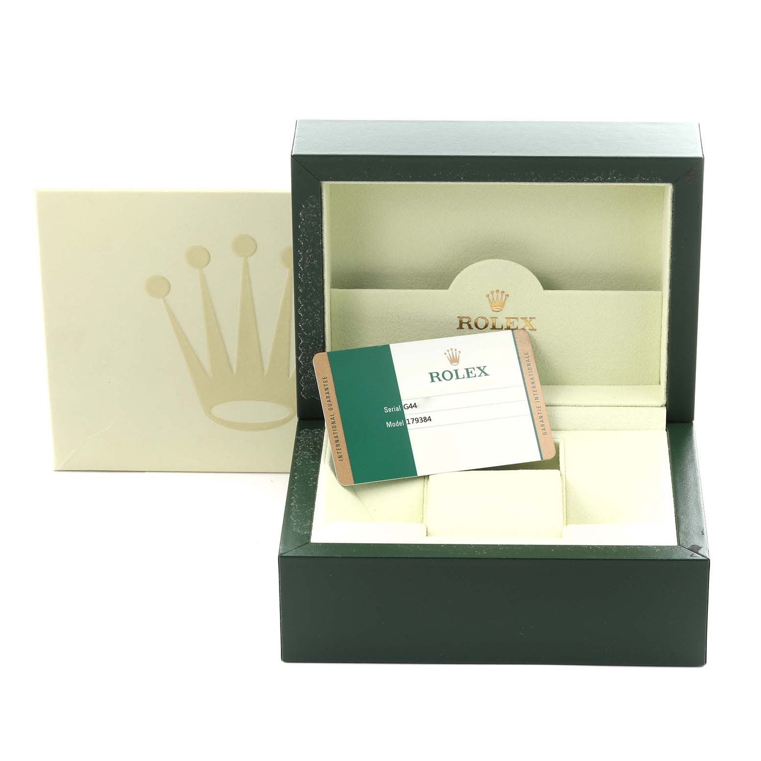 The image shows a Rolex Datejust 179384 Women's Stainless Steel White Dial 179384 Women's Stainless Steel White Dial box, cardholder, and warranty card from a front angle.