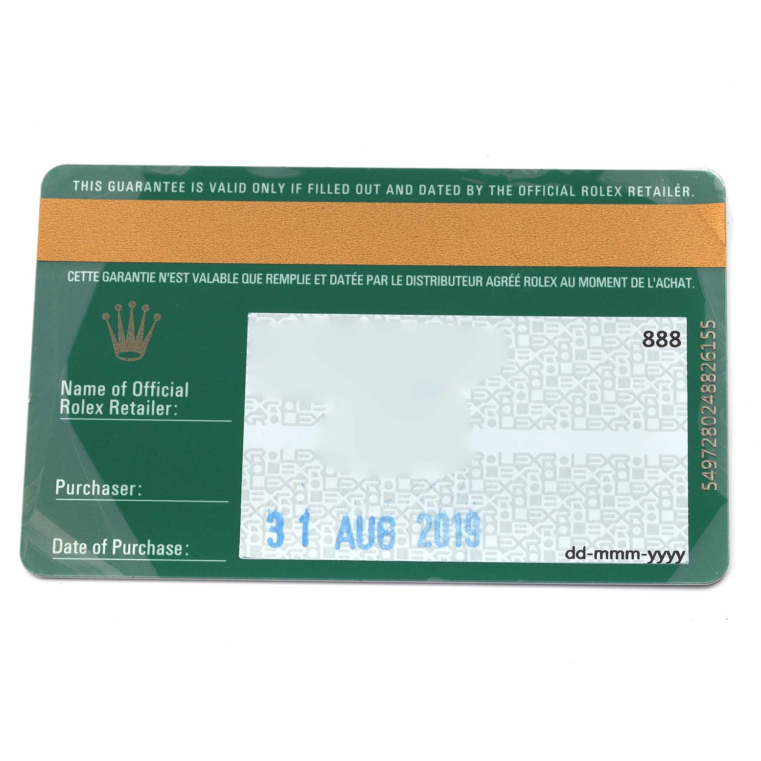 The image shows a warranty card for a Rolex Datejust 179384 Women's Stainless Steel White Dial 179384 Women's Stainless Steel White Dial watch, featuring brand logos and purchase details.