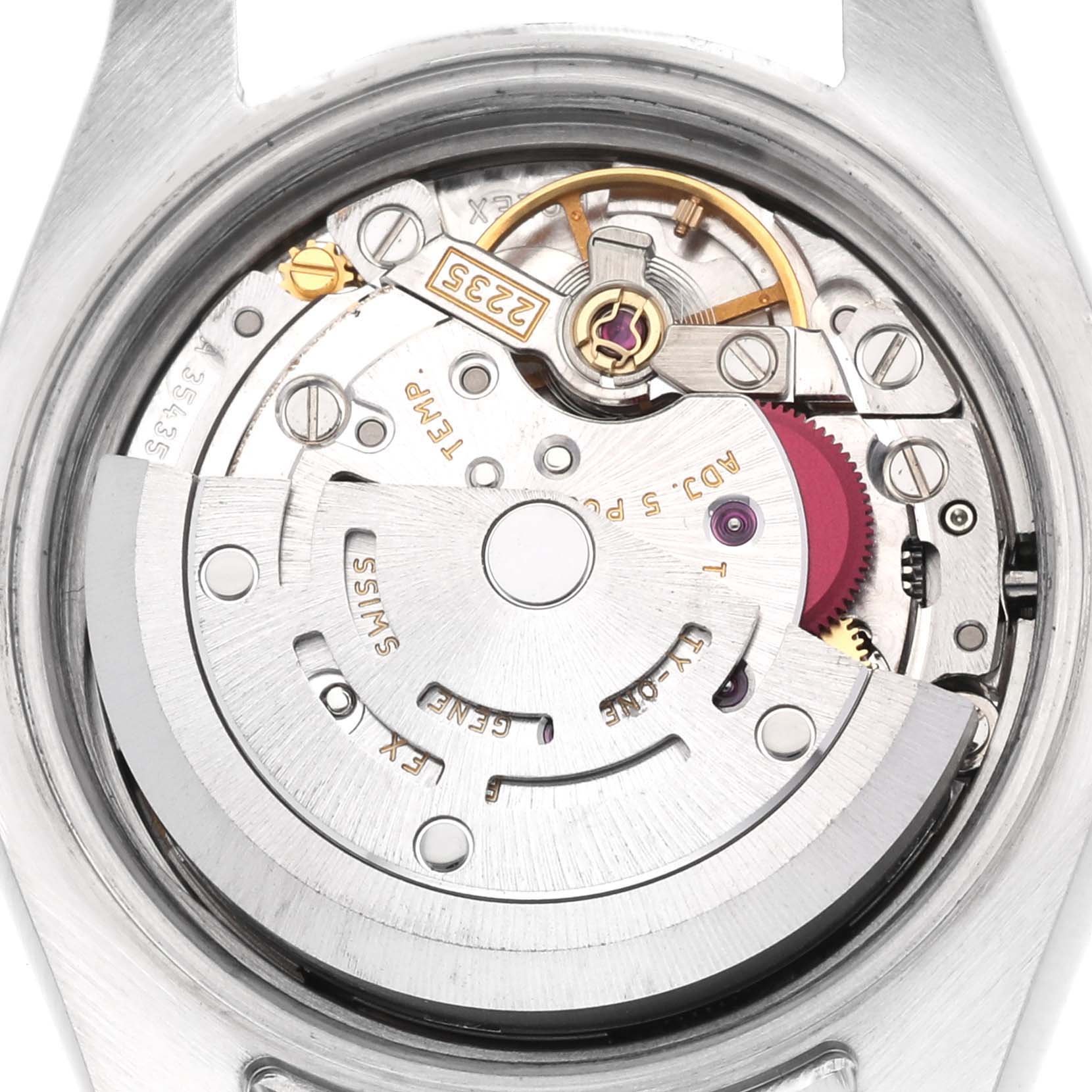 This image shows a close-up of the Rolex Datejust 179384 Women's Stainless Steel White Dial 179384 Women's Stainless Steel White Dial movement and internal mechanics from the back.