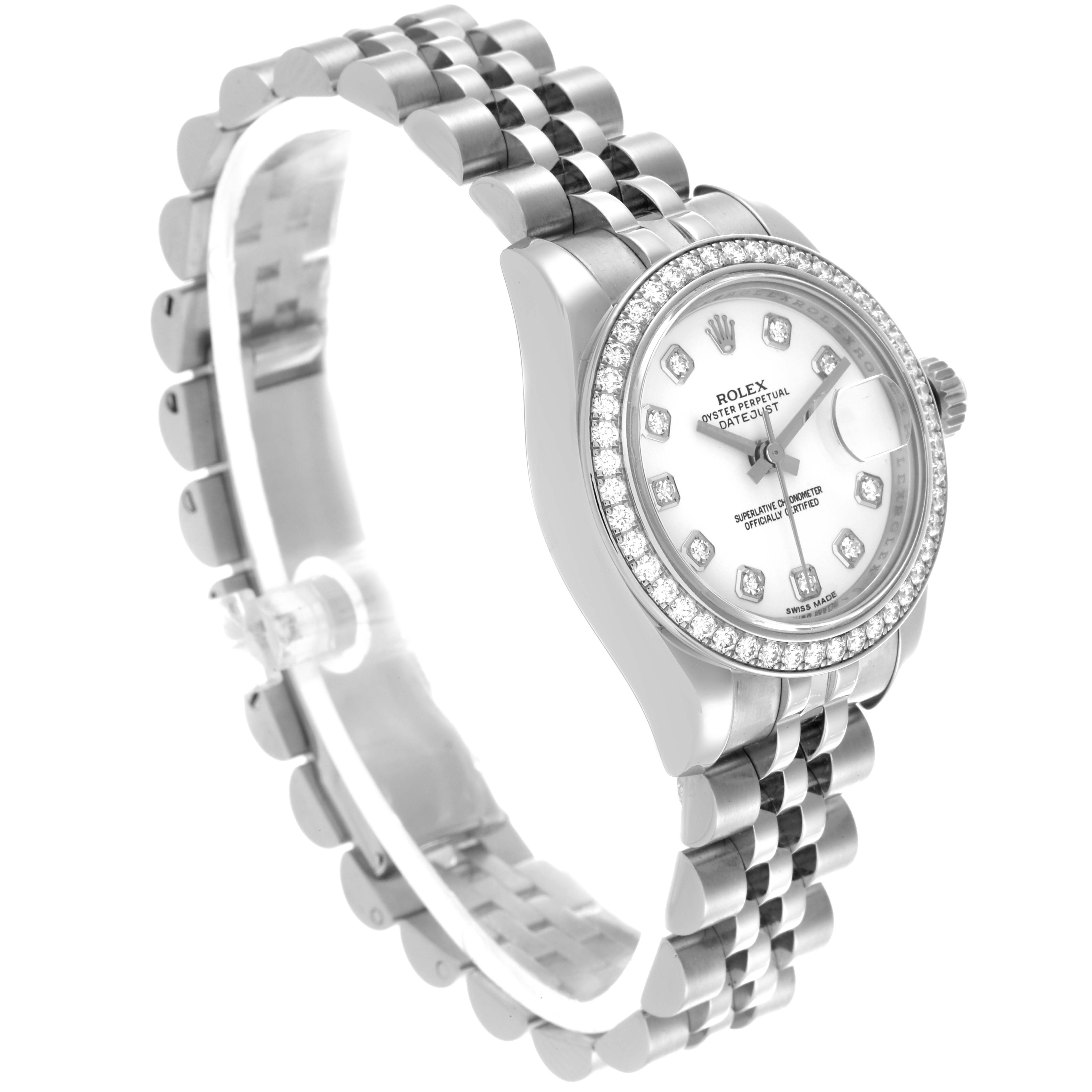 The Rolex Datejust 179384 Women's Stainless Steel White Dial 179384 Women's Stainless Steel White Dial watch is shown at a three-quarter angle, featuring the face, bracelet, and diamond bezel.
