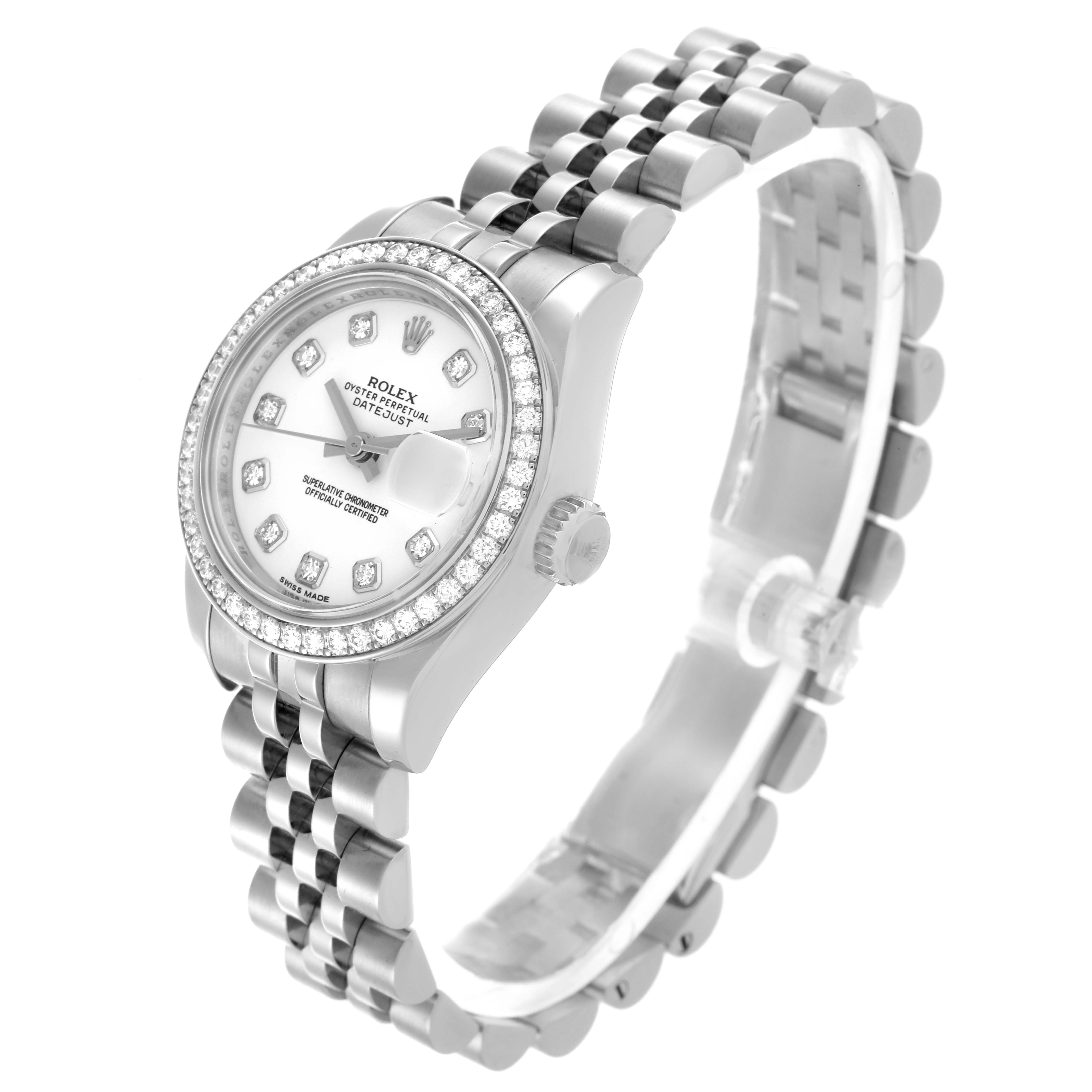 The Rolex Datejust 179384 Women's Stainless Steel White Dial 179384 Women's Stainless Steel White Dial watch is shown at an angled view, highlighting the face, bezel, and bracelet.