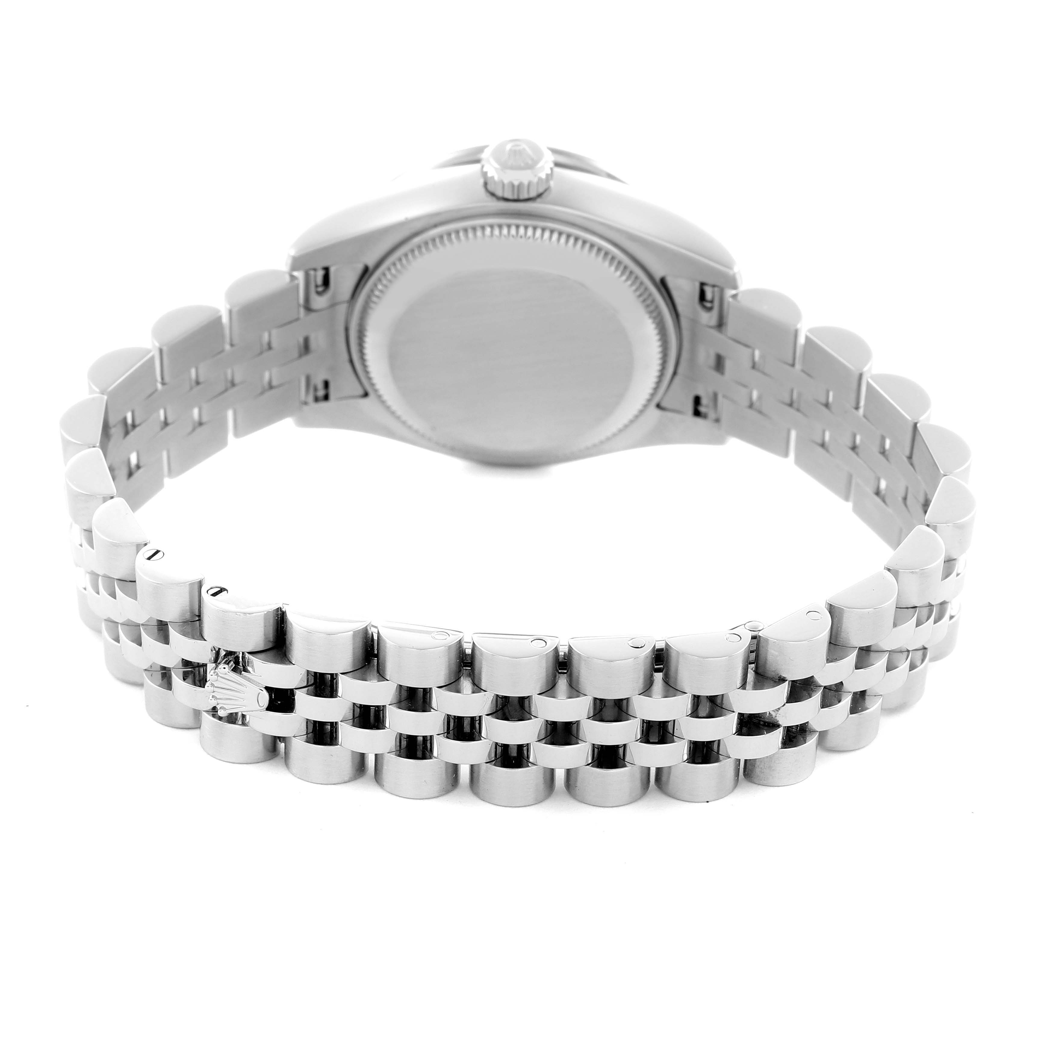 The image shows the back of a Rolex Datejust 179384 Women's Stainless Steel White Dial 179384 Women's Stainless Steel White Dial watch, highlighting the case and Jubilee bracelet.