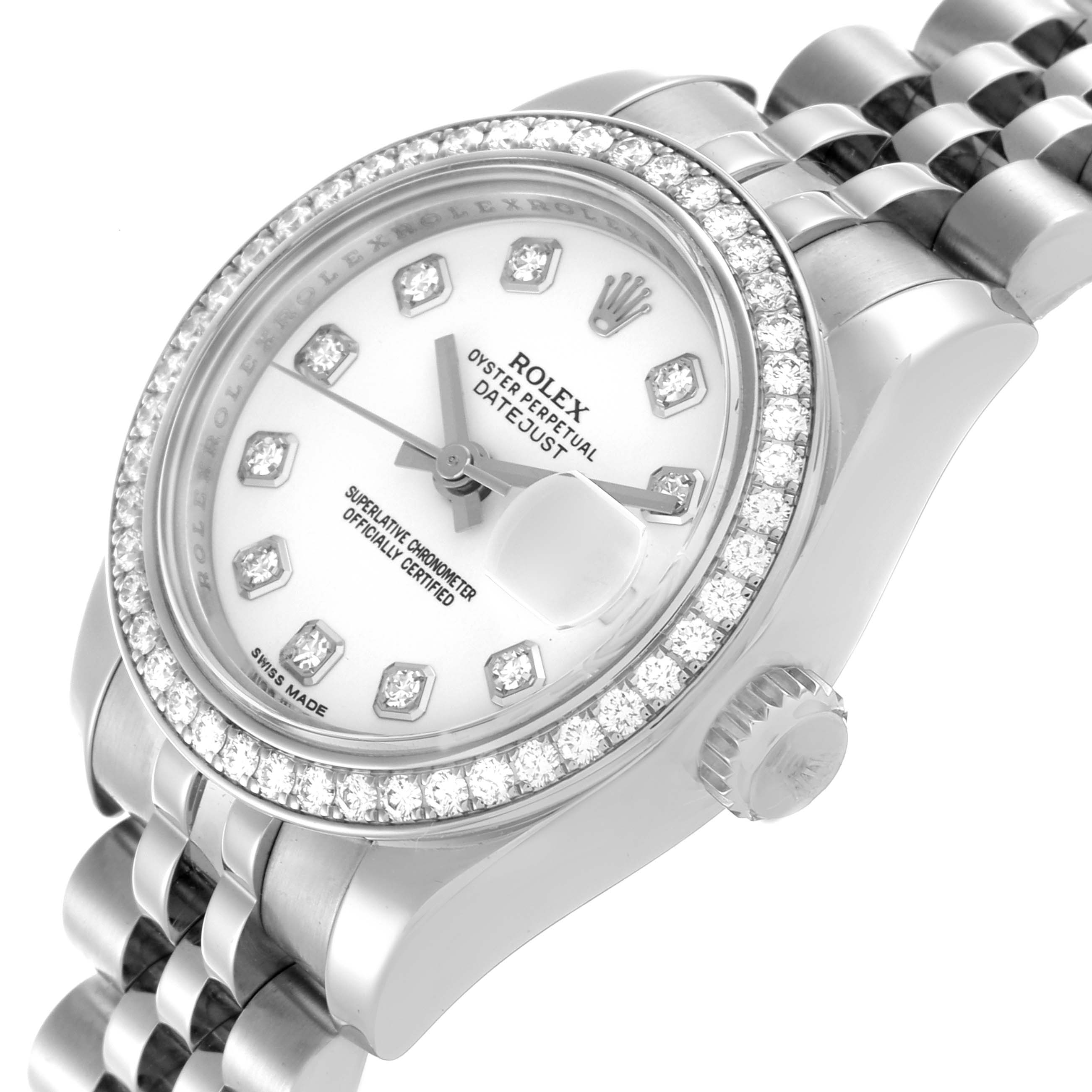 The Rolex Datejust 179384 Women's Stainless Steel White Dial 179384 Women's Stainless Steel White Dial watch is shown from a three-quarter angle, highlighting the dial, bezel, and part of the bracelet.