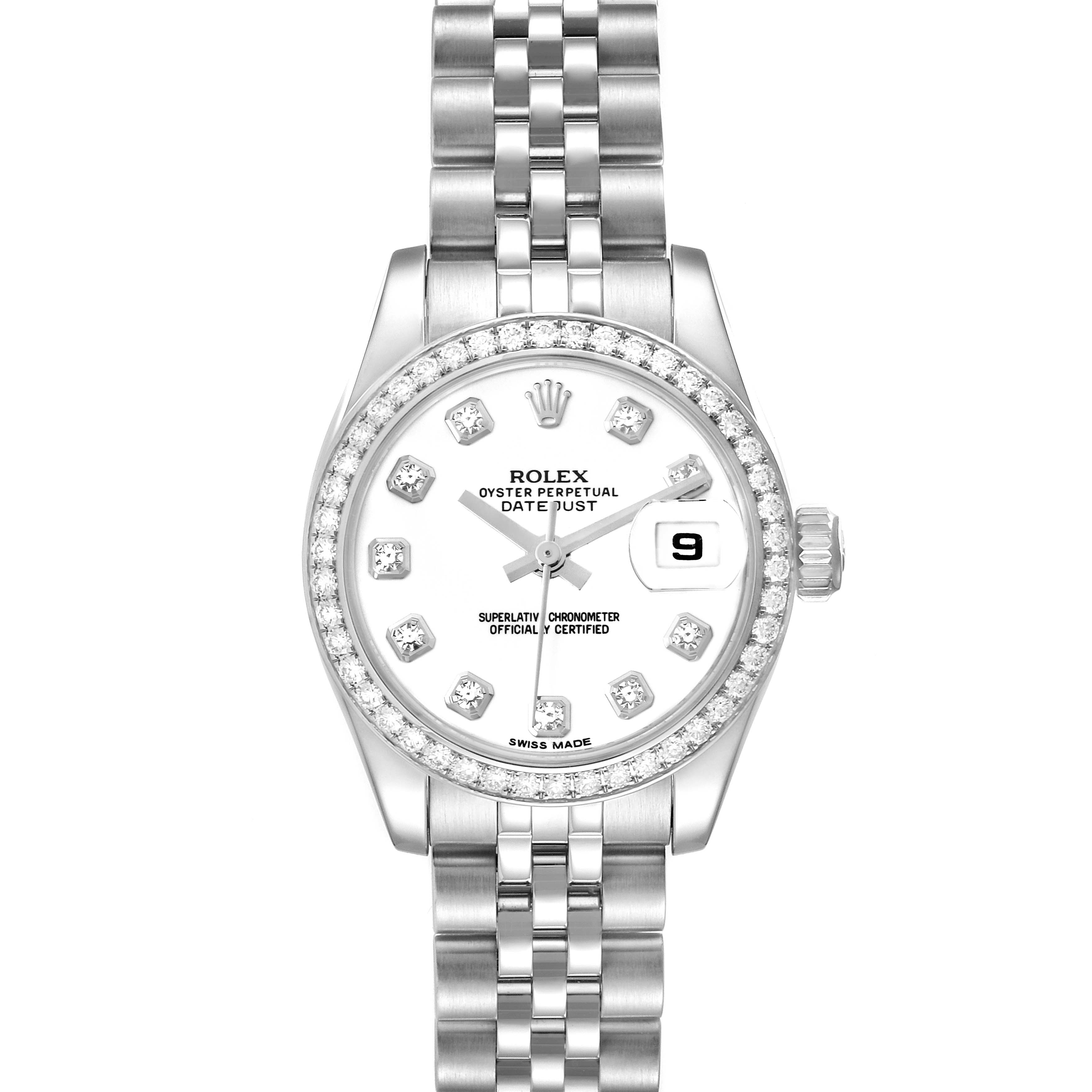 The Rolex Datejust 179384 Women's Stainless Steel White Dial 179384 Women's Stainless Steel White Dial watch is shown from a front angle, displaying the dial, bezel, and bracelet.