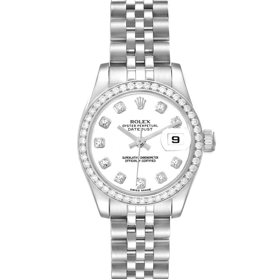 The Rolex Datejust watch is shown from a front angle, displaying the dial, bezel, and bracelet.