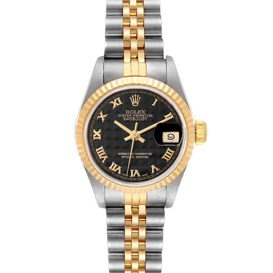 Rolex Datejust 26 Steel Yellow Gold Black Pyramid Dial Ladies Watch 69173 Box Papers SwissWatchExpo