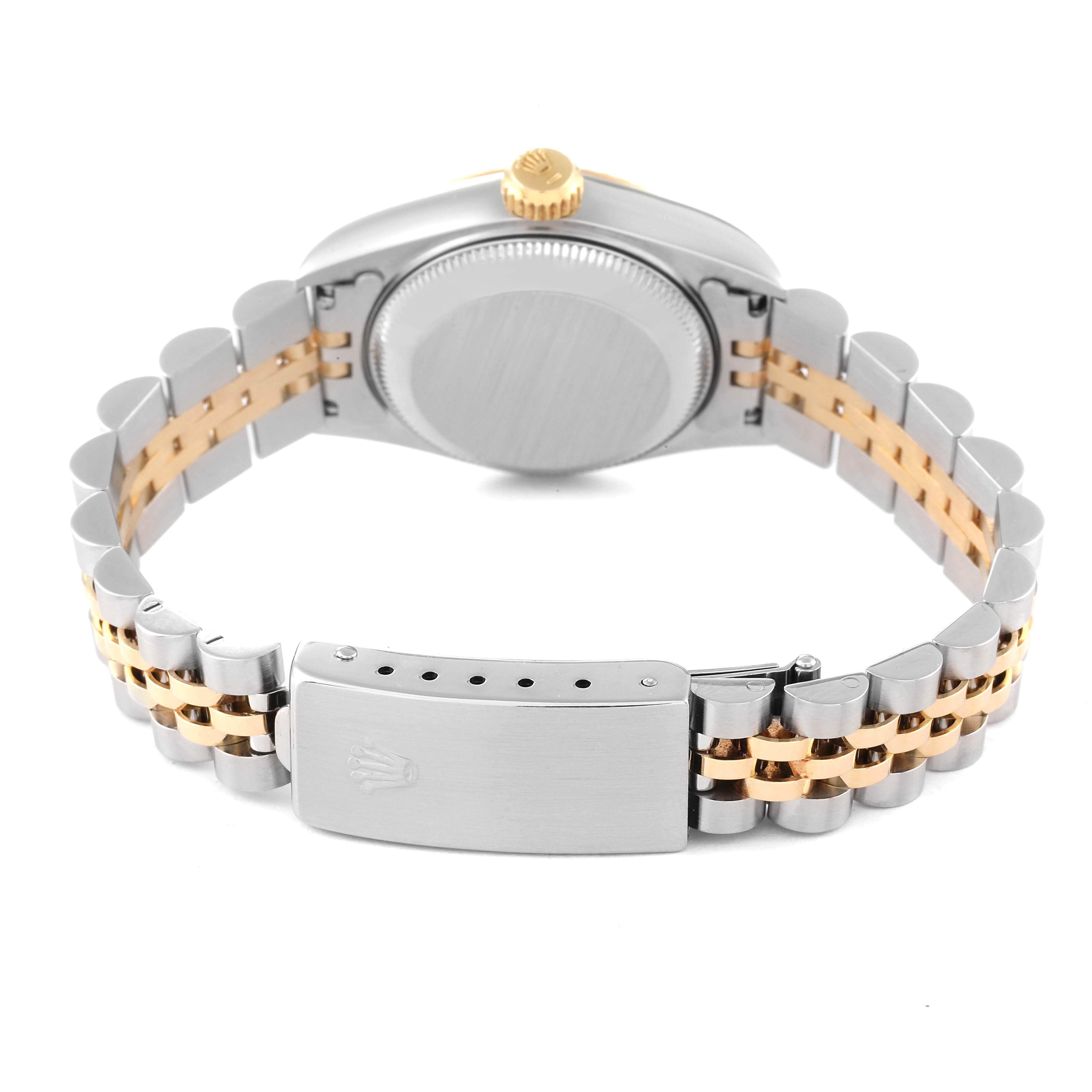 The image shows the back view of a Rolex Datejust 69173 Women's Steel and Gold (two tone) Champagne Dial 69173 Women's Steel and Gold (two tone) Champagne Dial watch, highlighting the clasp and Jubilee bracelet.