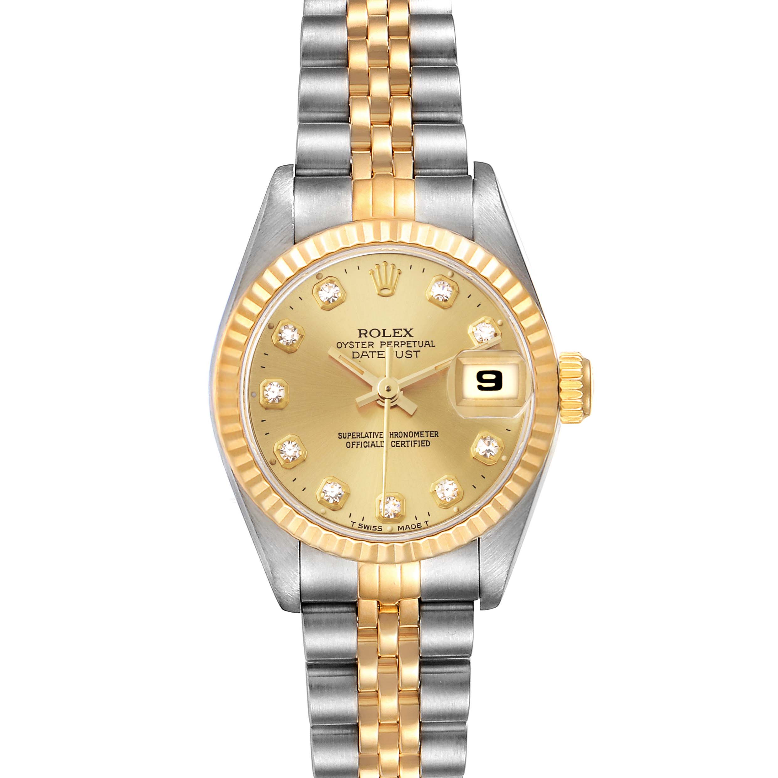The image shows a front view of a Rolex Datejust 69173 Women's Steel and Gold (two tone) Champagne Dial 69173 Women's Steel and Gold (two tone) Champagne Dial watch, highlighting its dial, bezel, and two-tone bracelet.