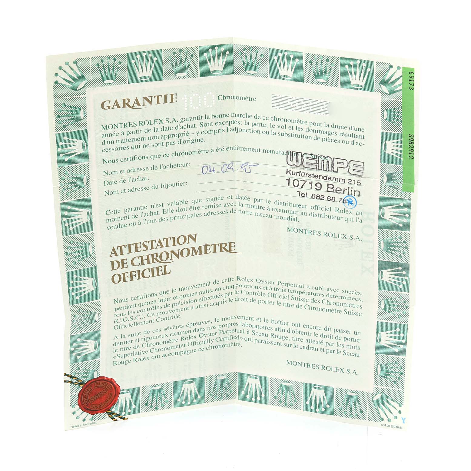 This is a warranty certificate for the Rolex Datejust 69173 Women's Steel and Gold (two tone) Champagne Dial 69173 Women's Steel and Gold (two tone) Champagne Dial watch, featuring official chronometer attestation and the Rolex logo.