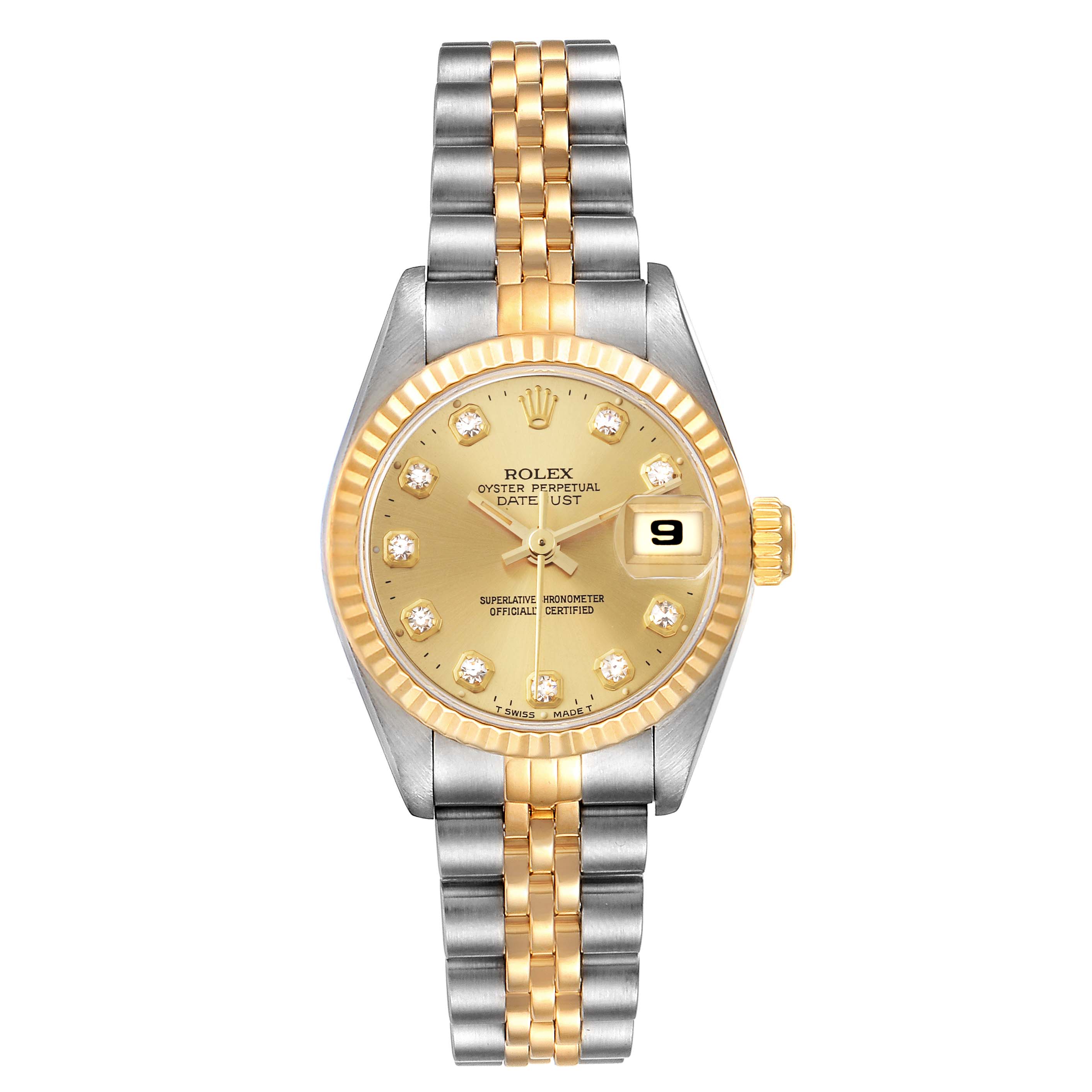 This is a front-facing view of a Rolex Datejust 69173 Women's Steel and Gold (two tone) Champagne Dial 69173 Women's Steel and Gold (two tone) Champagne Dial watch, showcasing the dial, bezel, crown, and bracelet.