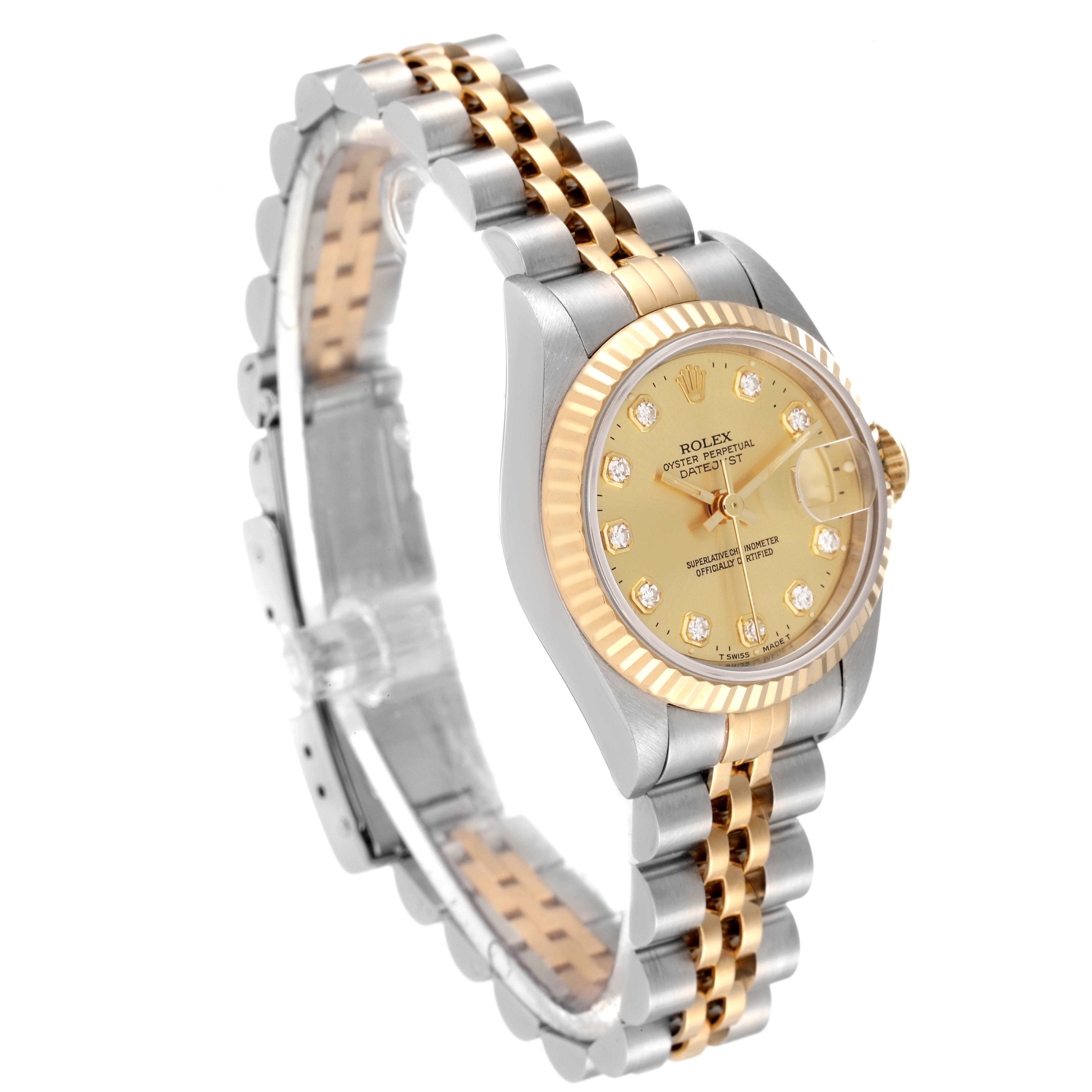 The image shows a Rolex Datejust 69173 Women's Steel and Gold (two tone) Champagne Dial 69173 Women's Steel and Gold (two tone) Champagne Dial watch angled from the front-left, highlighting its dial, bezel, and two-tone bracelet.