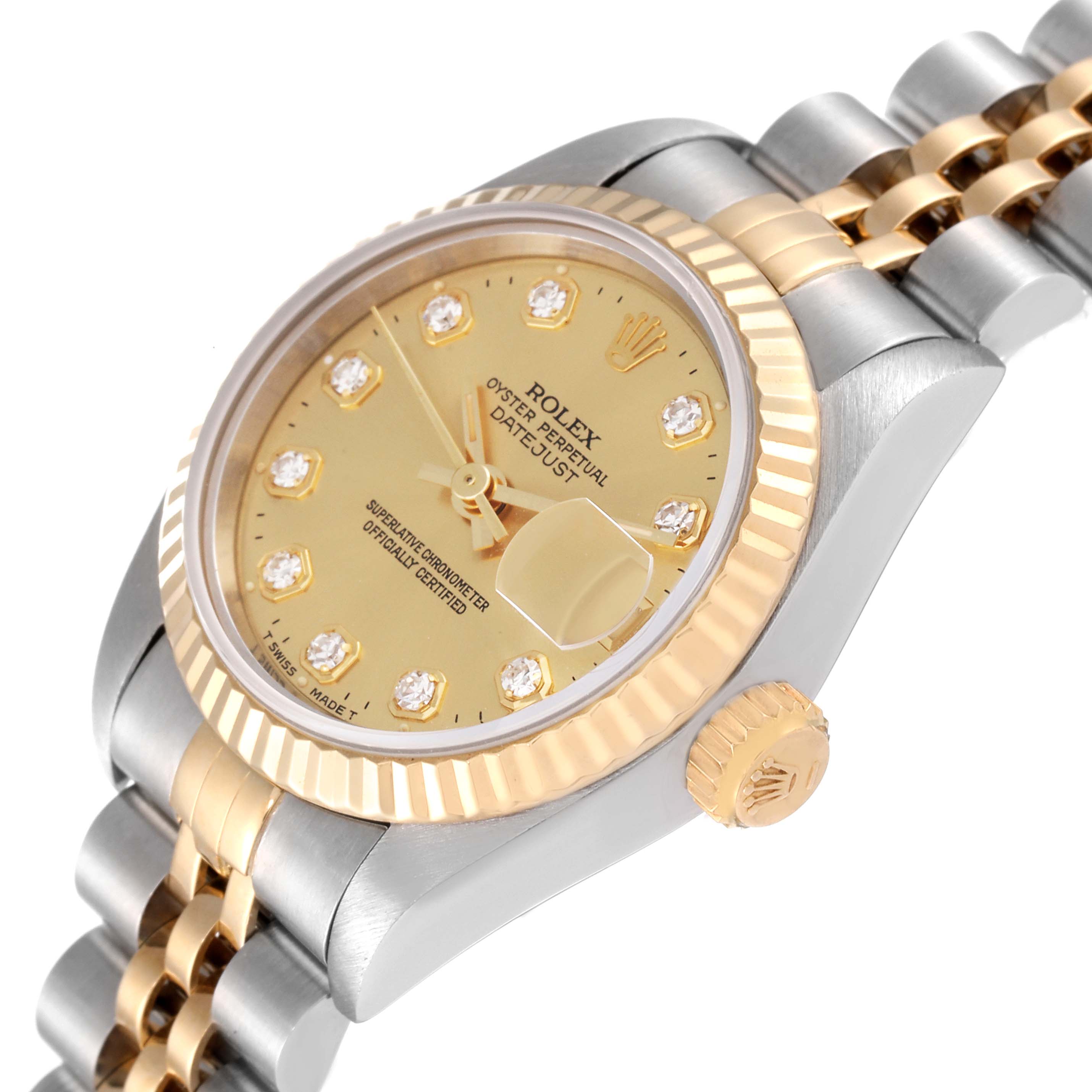 This image shows a side angle of the Rolex Datejust 69173 Women's Steel and Gold (two tone) Champagne Dial 69173 Women's Steel and Gold (two tone) Champagne Dial watch, highlighting the dial, bezel, crown, and bracelet.