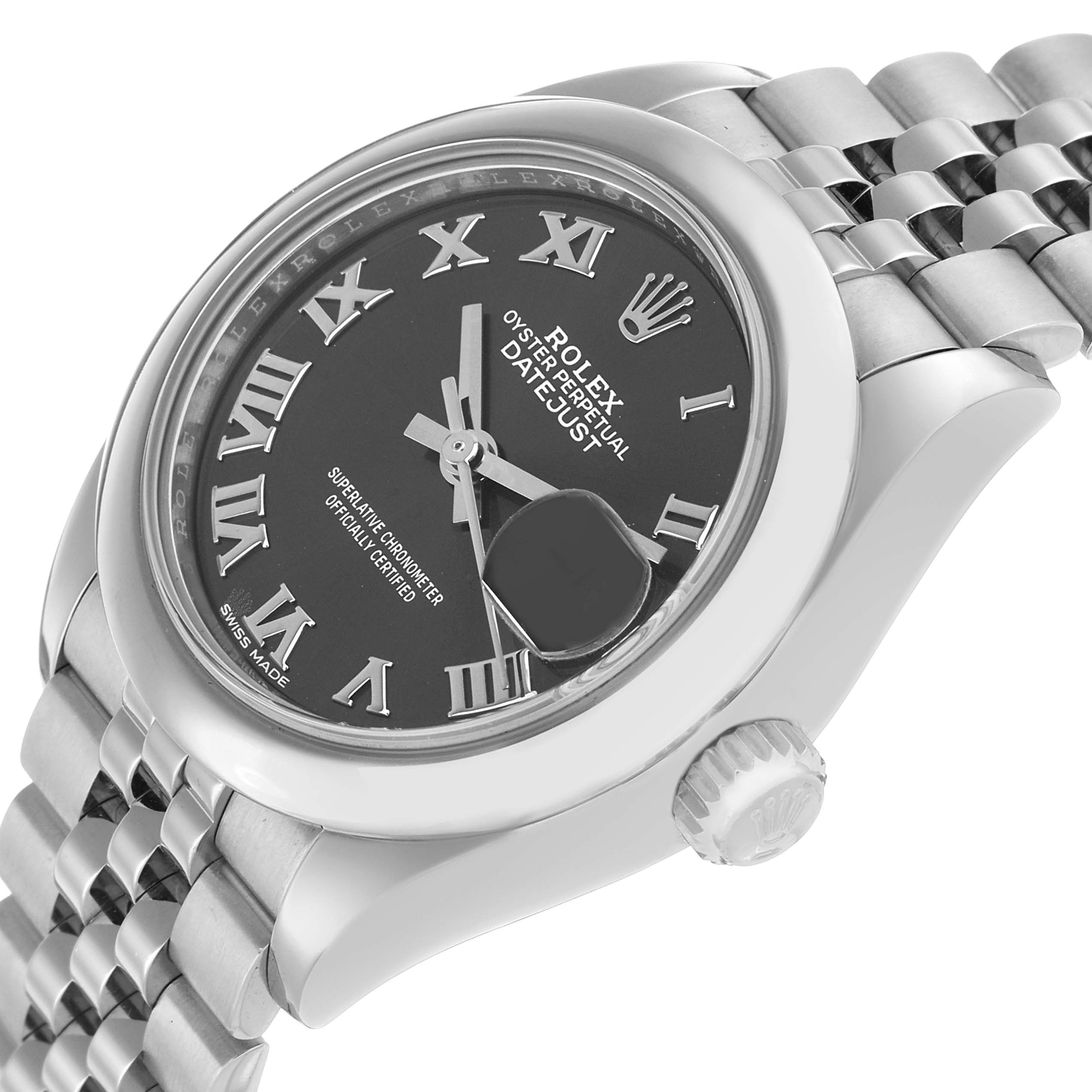 The Rolex Datejust 279160 Women's Stainless Steel Grey Dial watch is shown at an angle highlighting the dial, bezel, crown, and part of the bracelet.