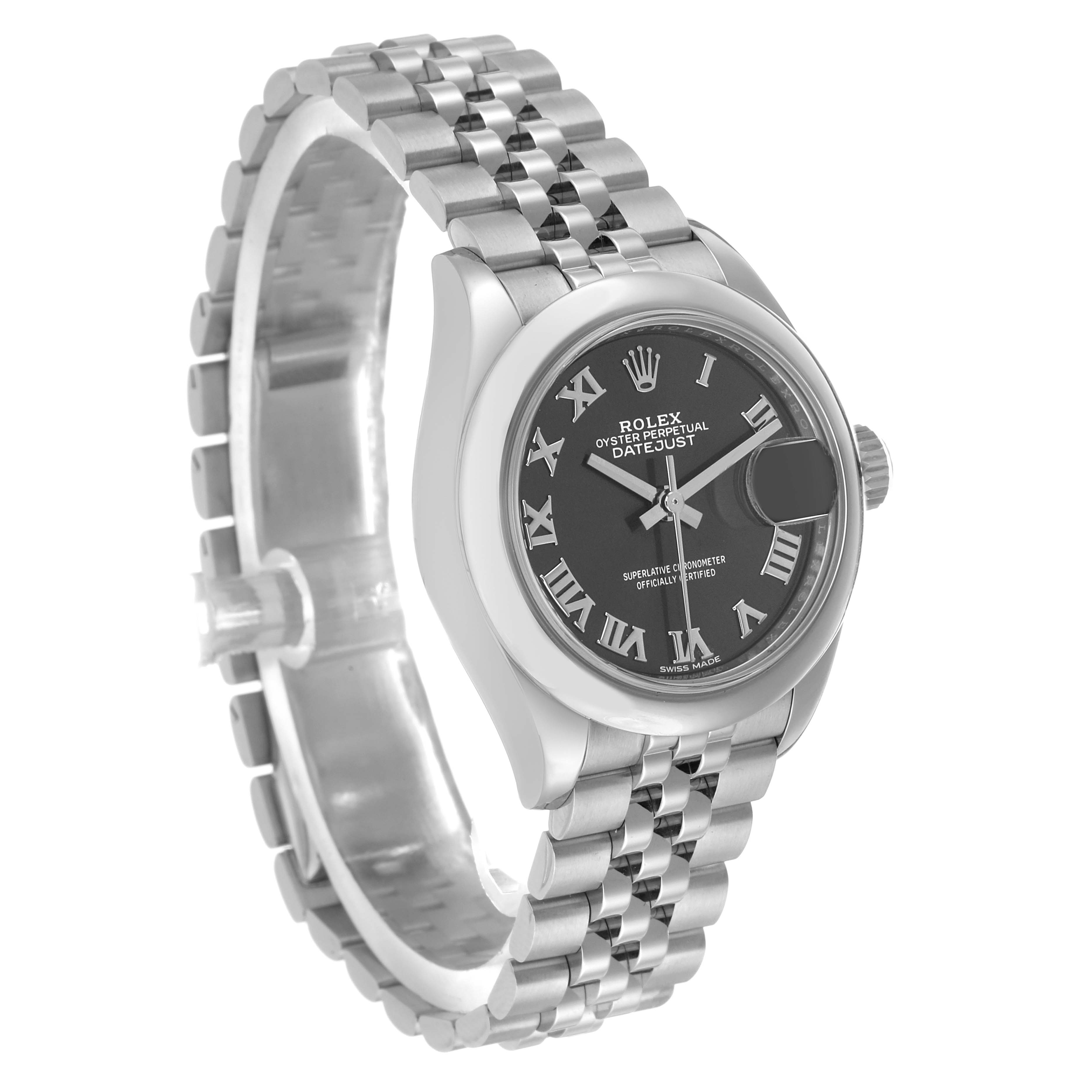 The Rolex Datejust 279160 Women's Stainless Steel Grey Dial watch is shown at an angle highlighting the face, bezel, crown, and Jubilee bracelet links.