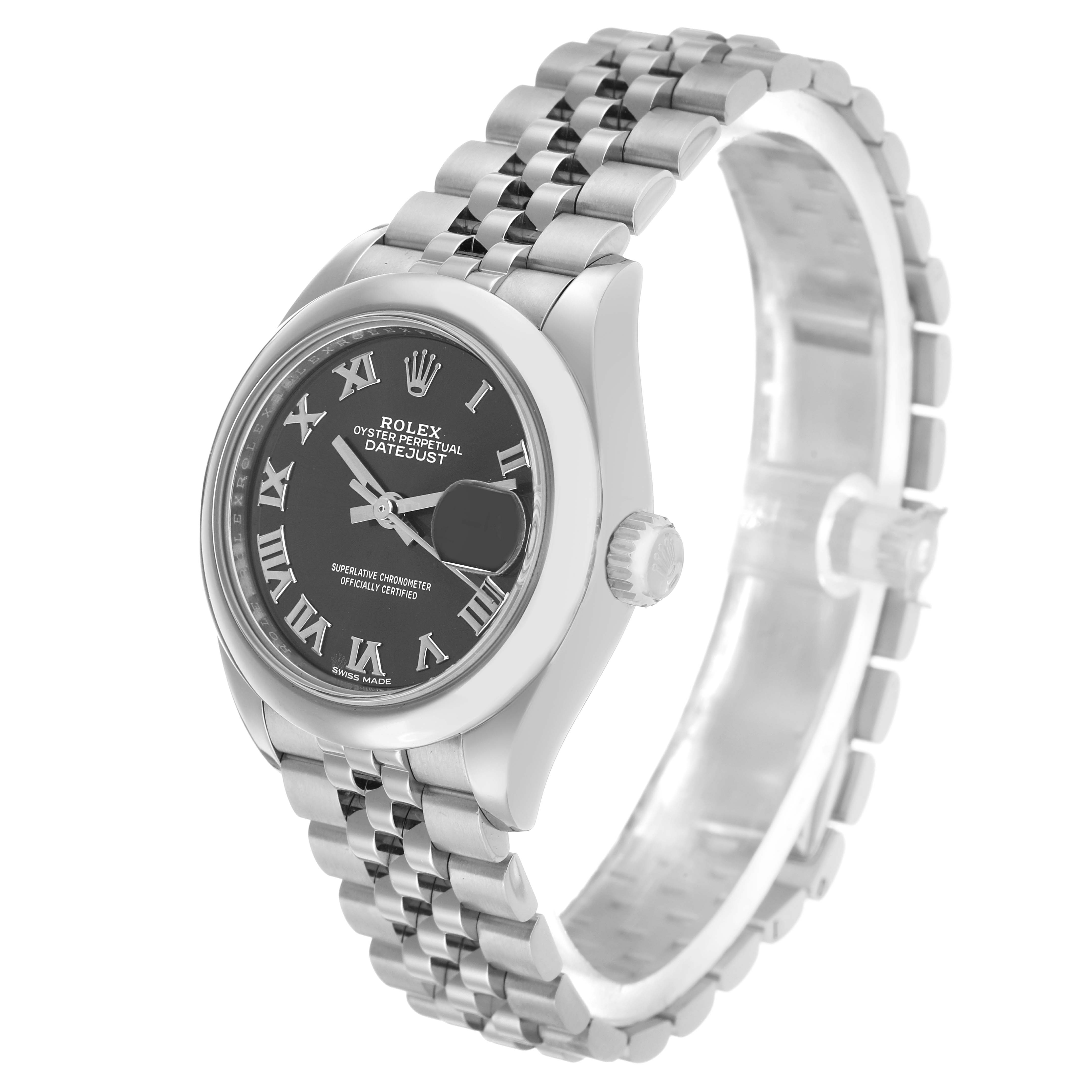 The Rolex Datejust 279160 Women's Stainless Steel Grey Dial watch is shown at a three-quarter angle, displaying the face, bezel, crown, and bracelet.