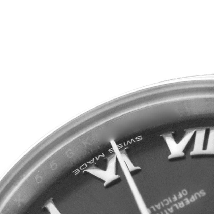 The image shows a close-up of the dial of a Rolex Datejust 279160 Women's Stainless Steel Grey Dial, focusing on the Roman numerals and the edge.